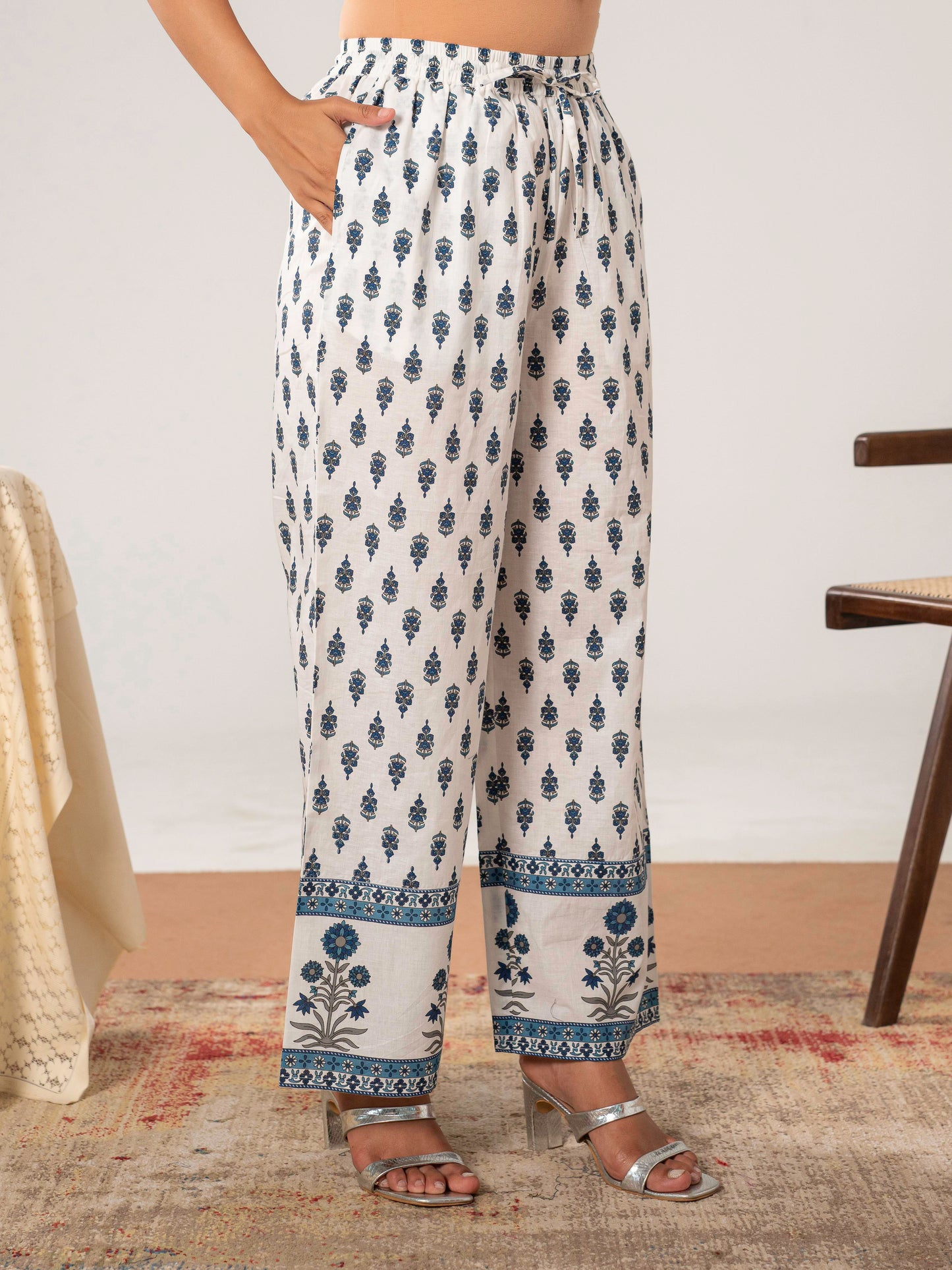 Soft cotton Floral Off White Palazzo Trousers