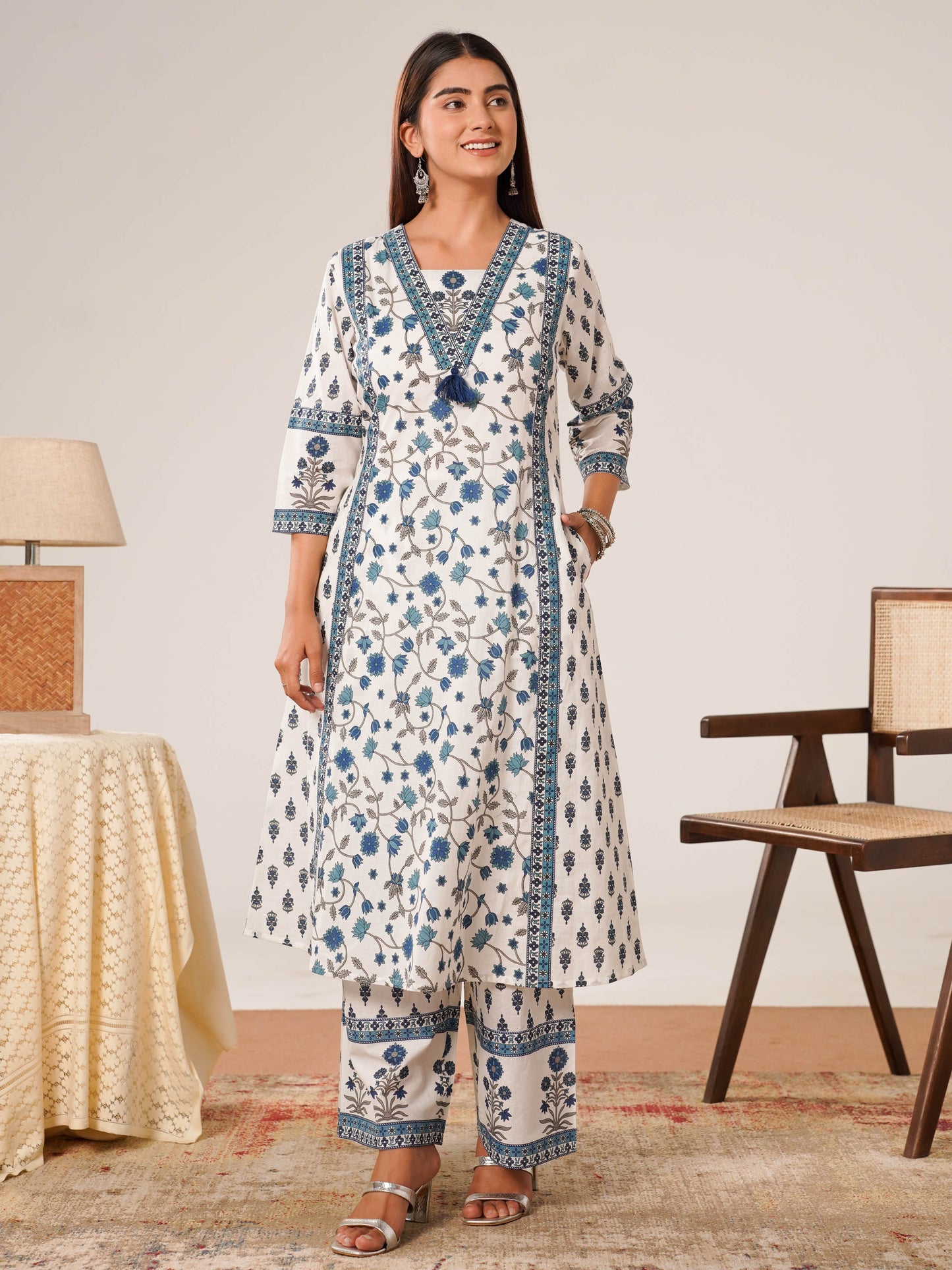 Soft cotton Floral A-line Off White Kurta