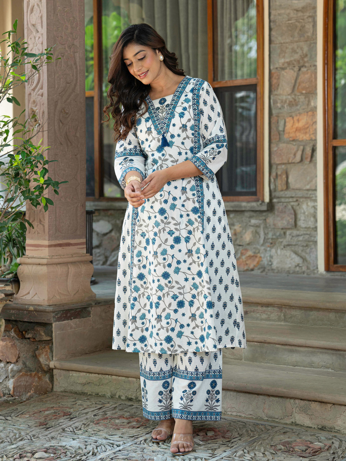 Soft cotton Floral A-line Off White Kurta