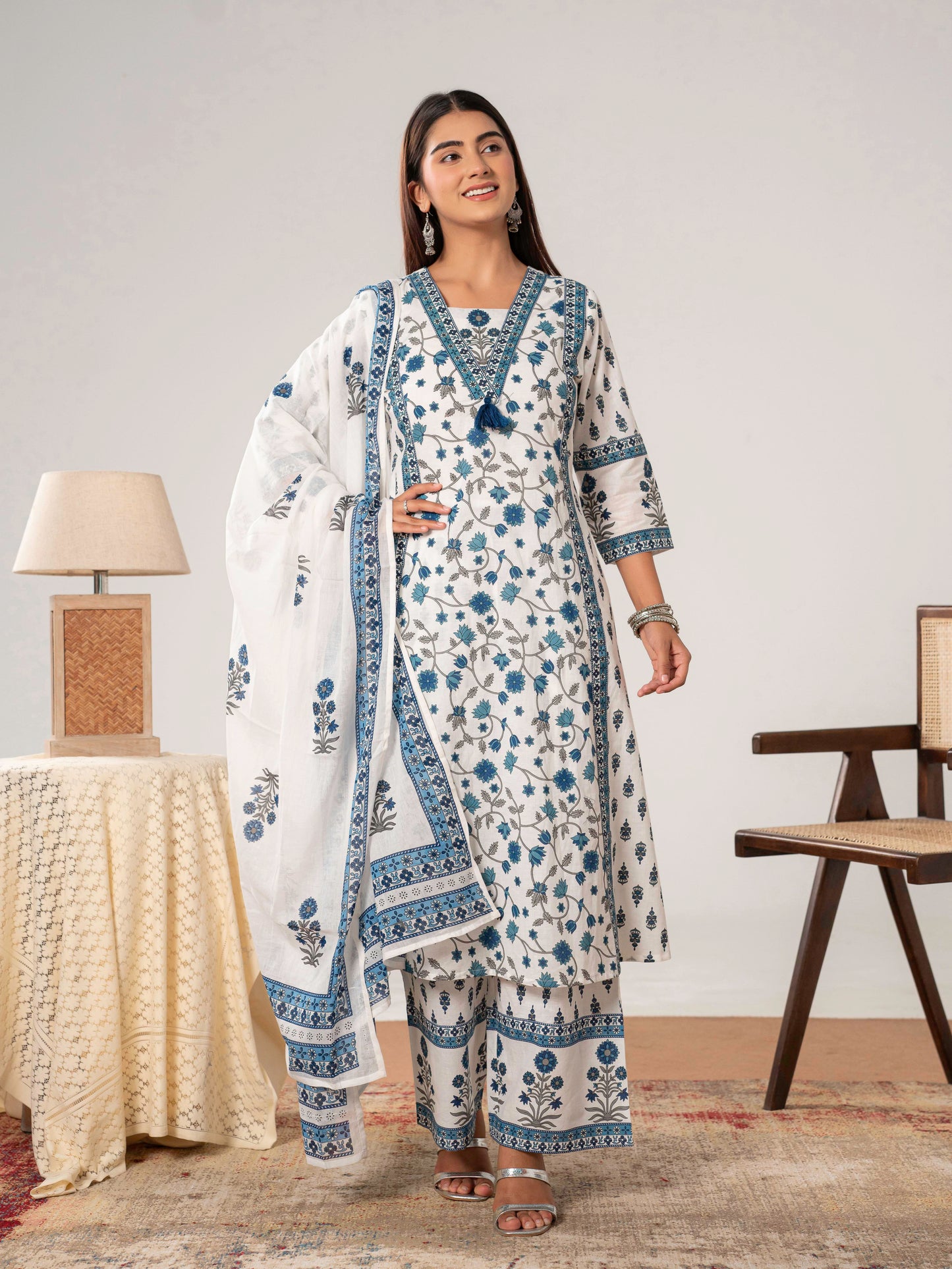 Soft cotton Floral A-line Off White Kurta