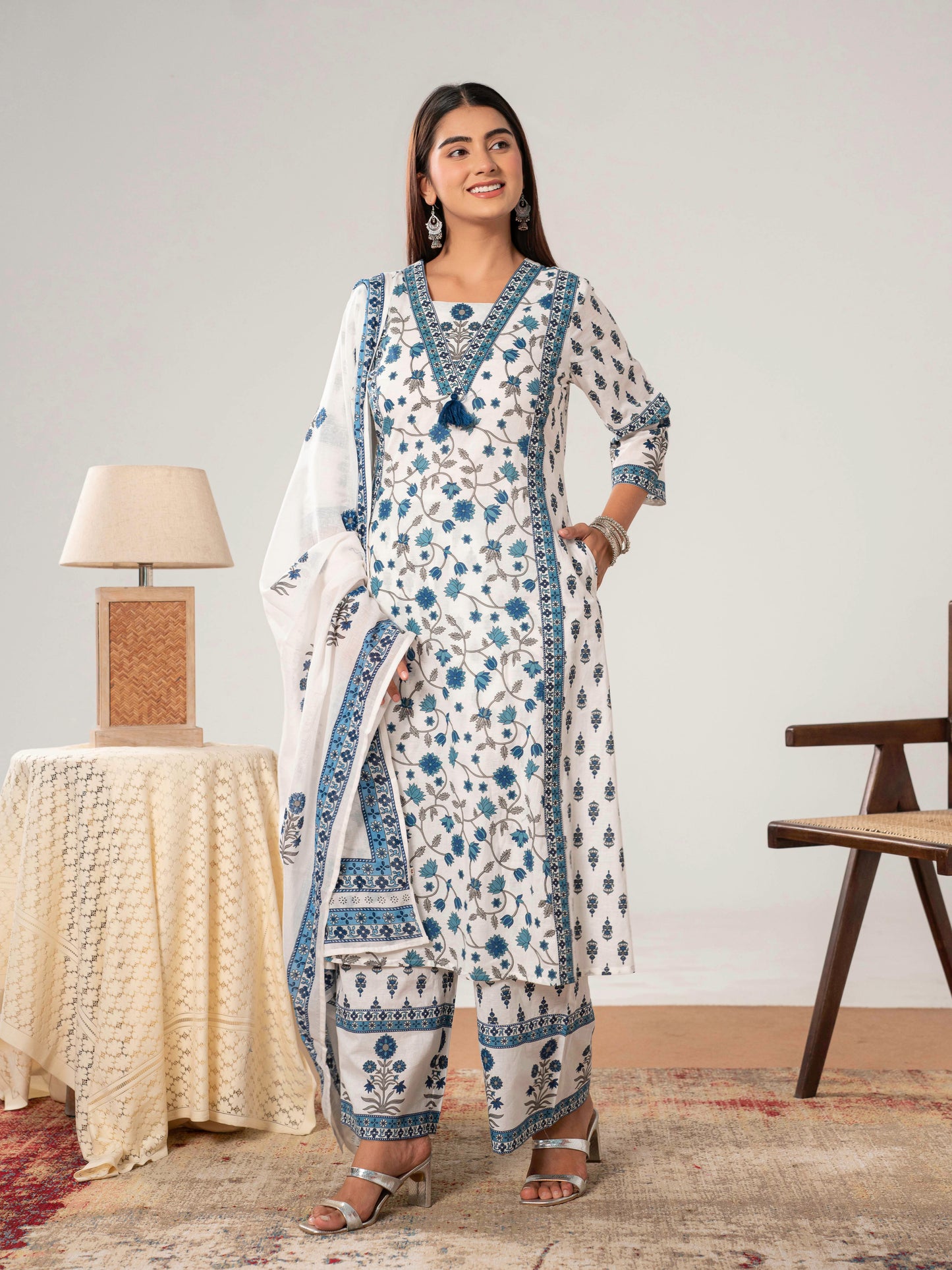 Soft cotton Floral A-line Off White Kurta