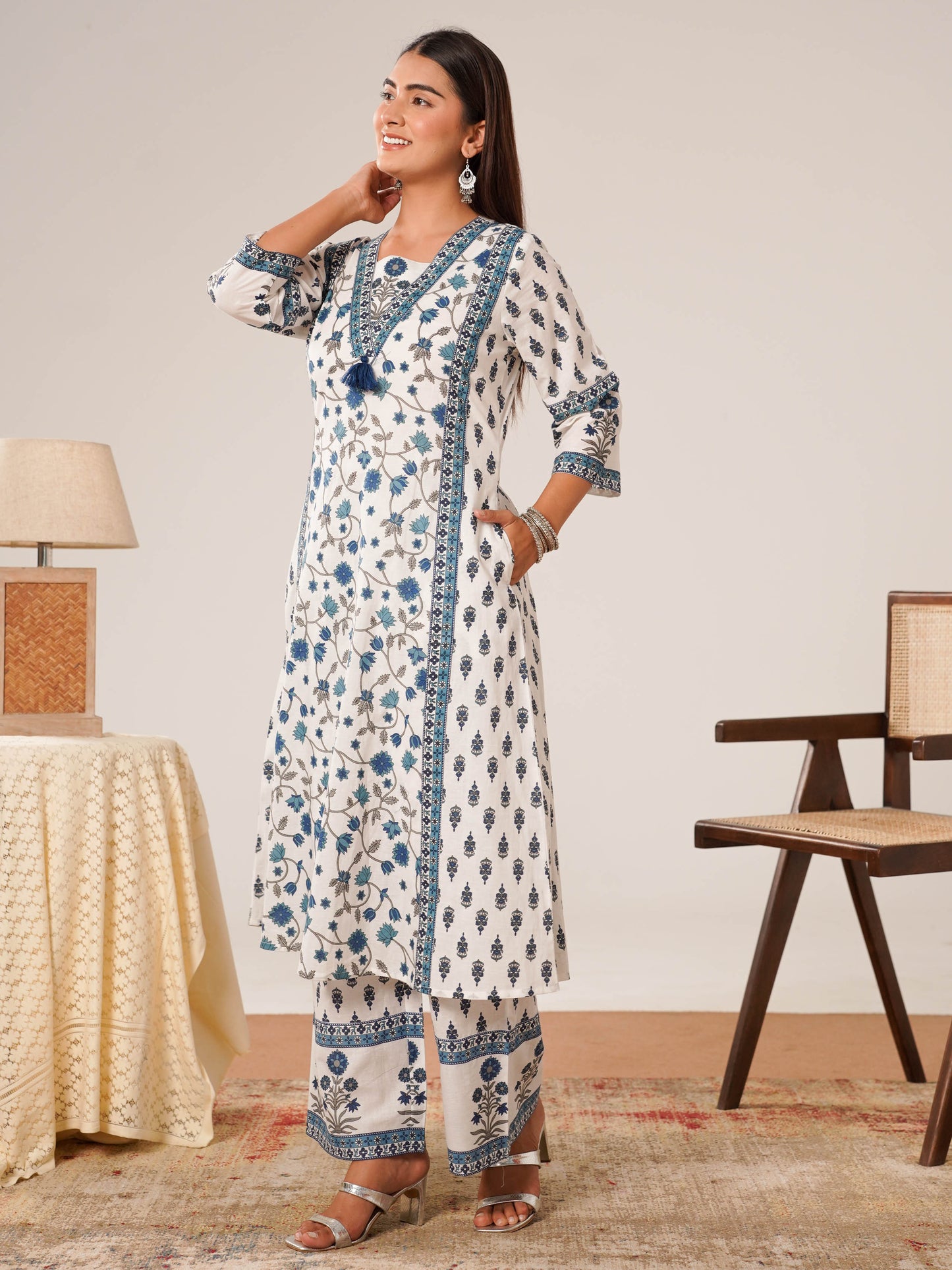 Soft cotton Floral A-line Off White Kurta