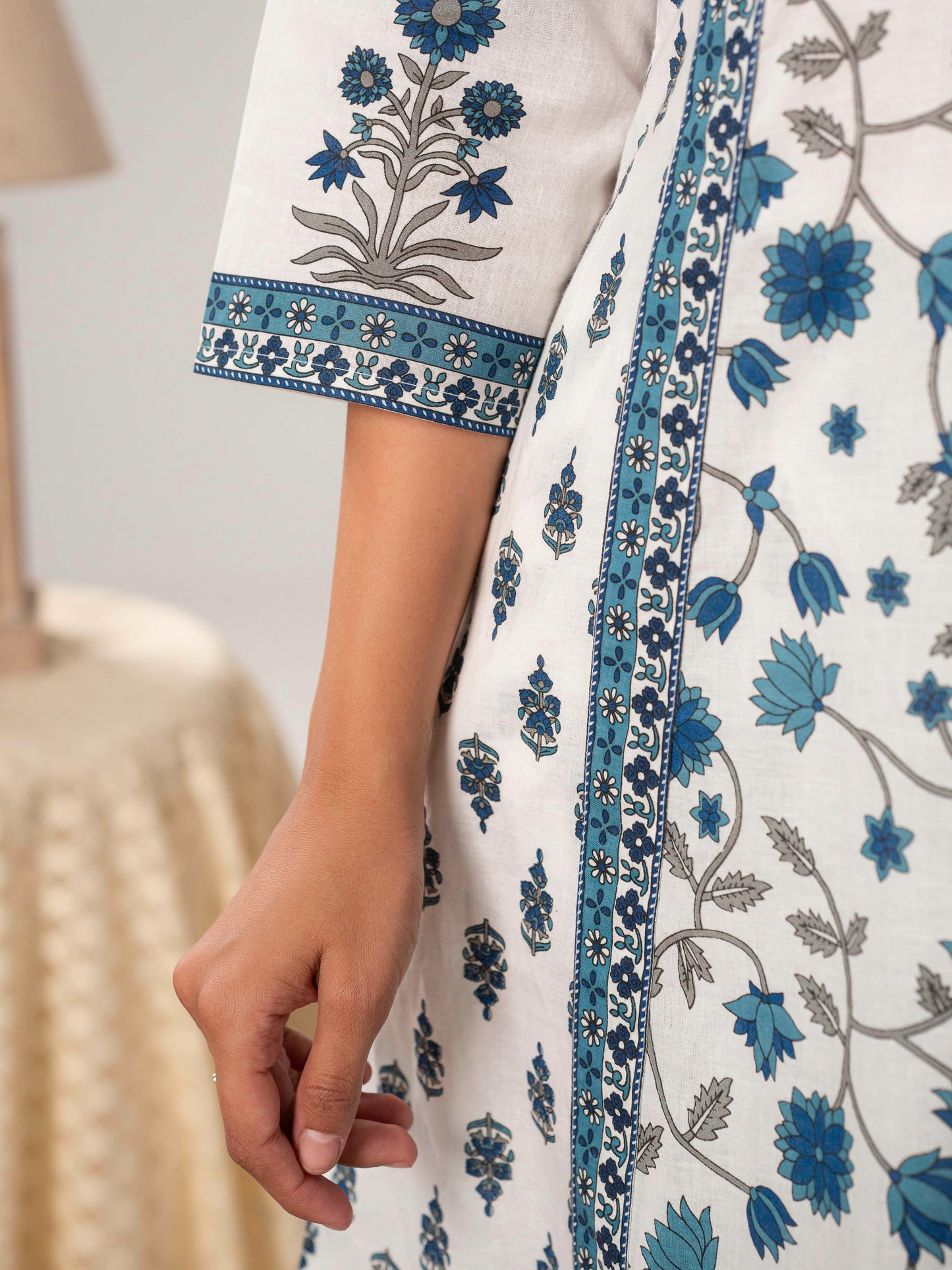 Soft cotton Floral A-line Off White Kurta