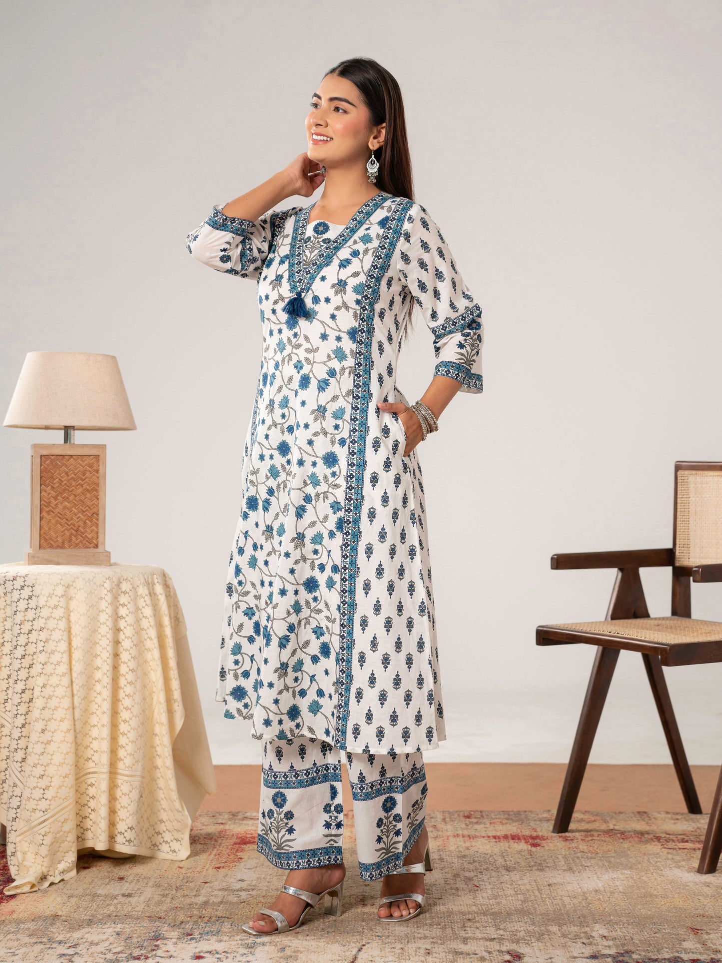 Soft cotton Floral A-line Off White Kurta