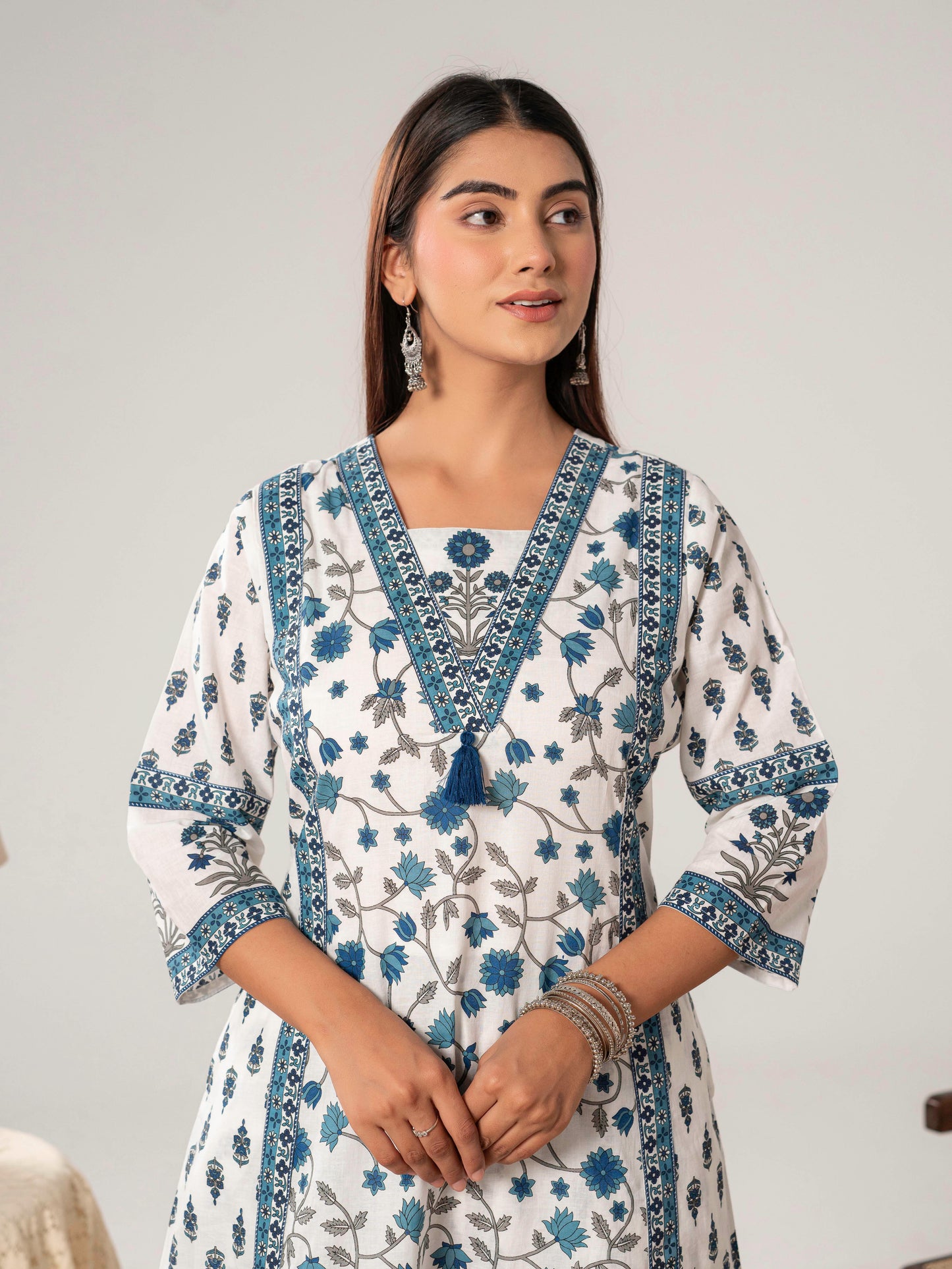 Soft cotton Floral A-line Off White Kurta