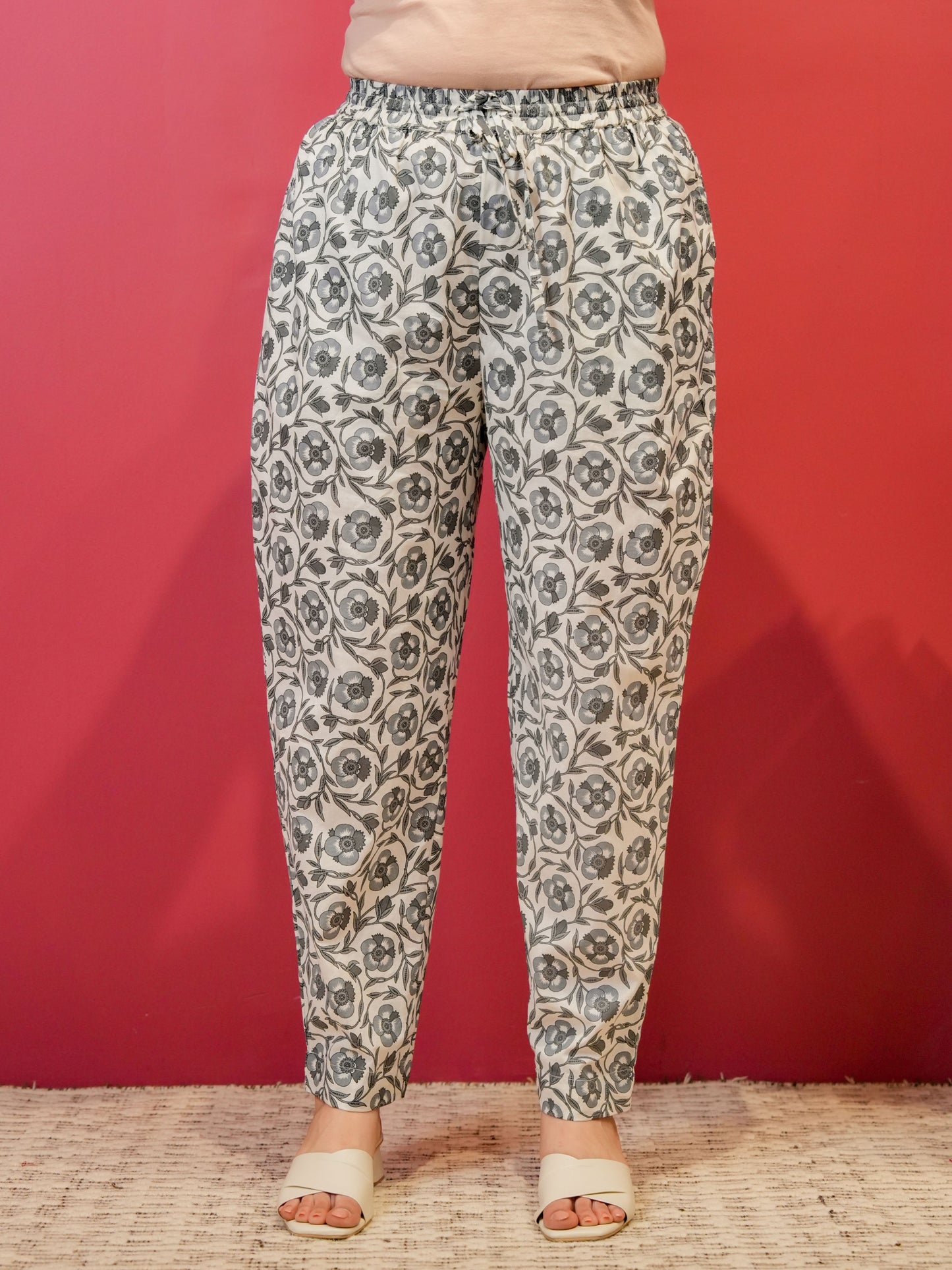 Soft Cotton Floral Off White Straight Trousers