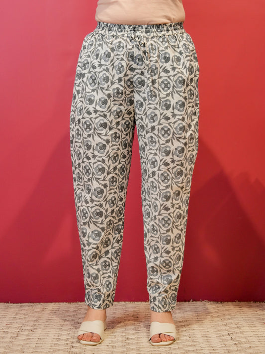 Soft Cotton Floral Off White Straight Trousers