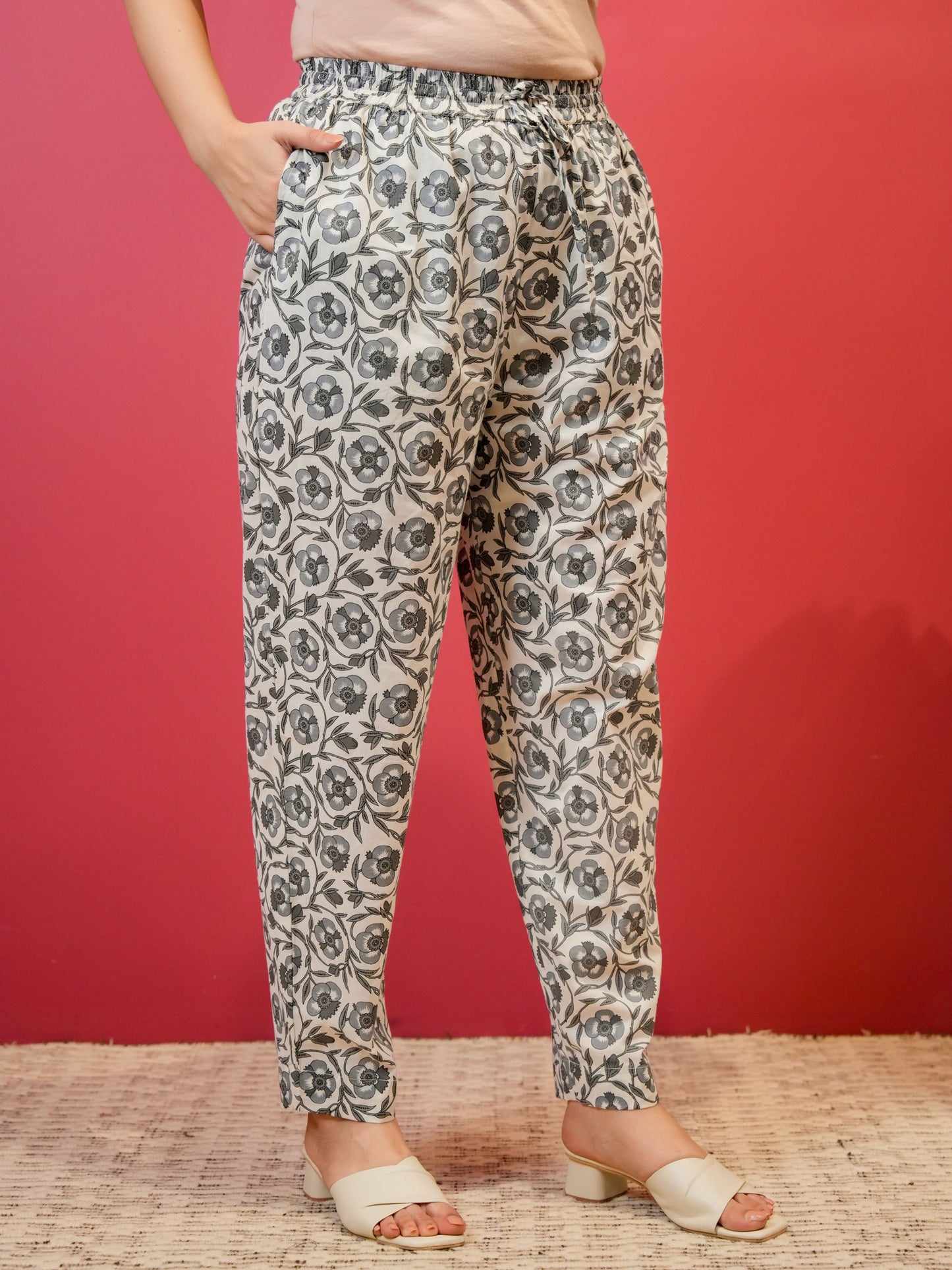 Soft Cotton Floral Off White Straight Trousers