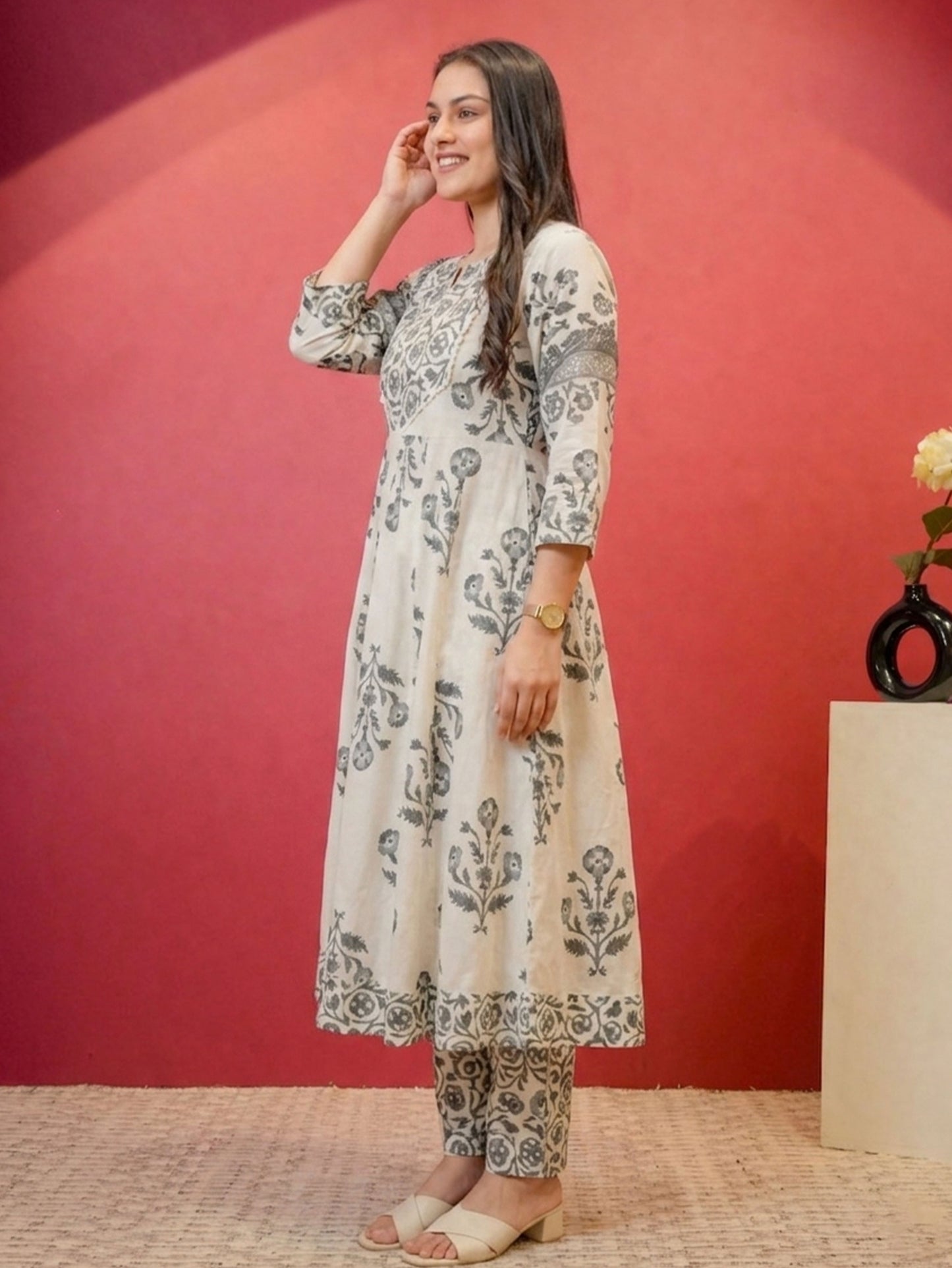 Embroidered Soft Cotton Butta Anarkali Off White Kurta