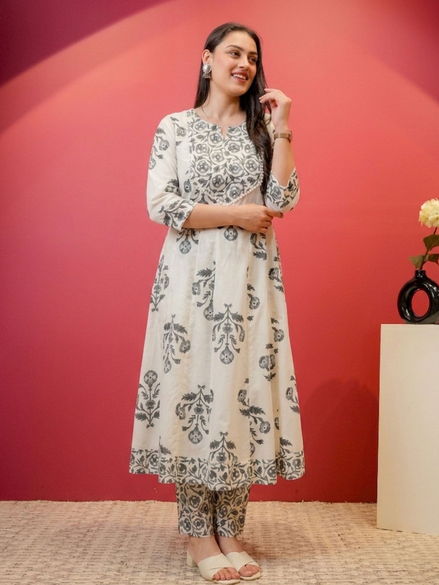 Embroidered Soft Cotton Butta Anarkali Off White Kurta