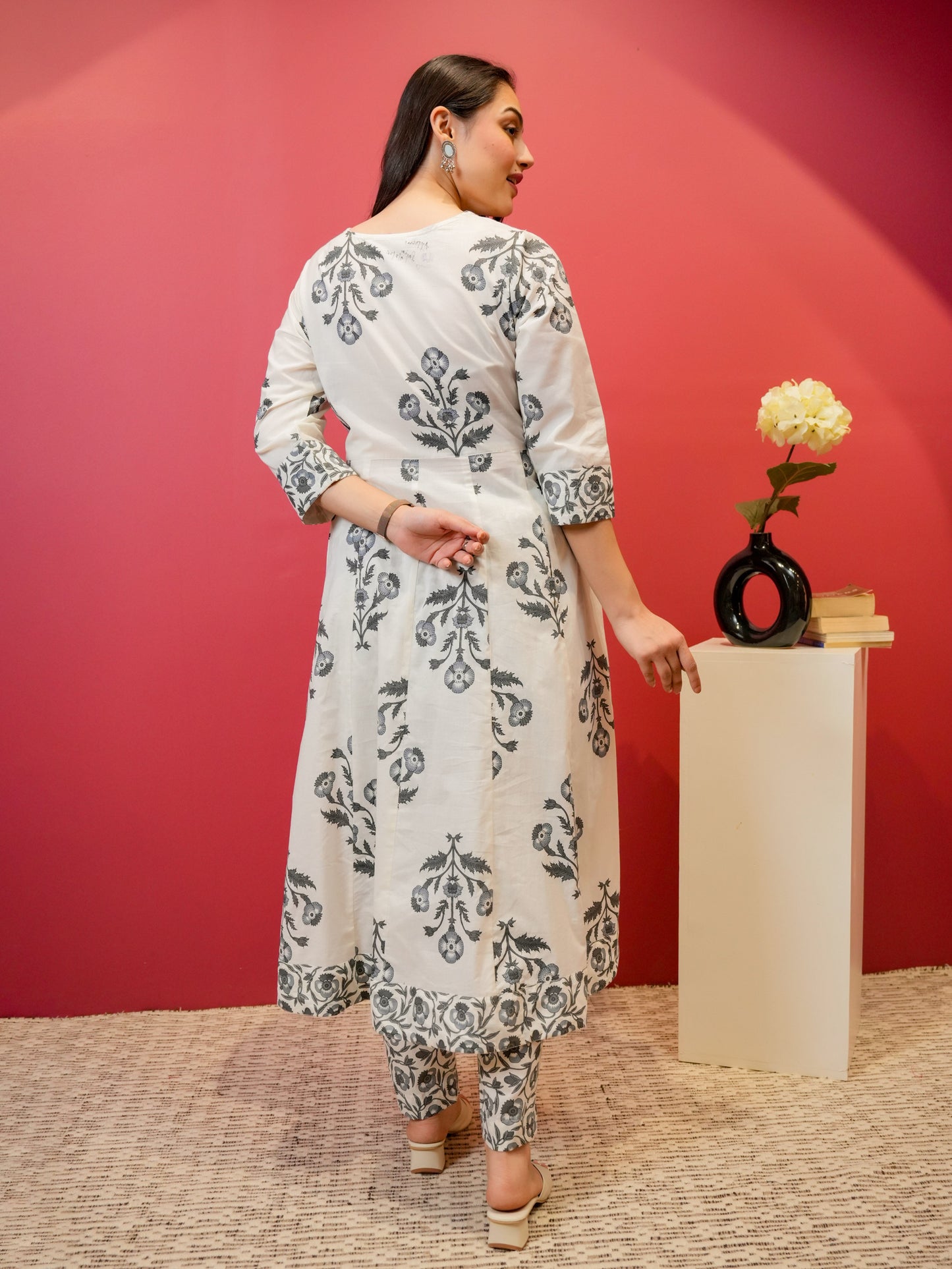 Embroidered Soft Cotton Butta Anarkali Off White Kurta