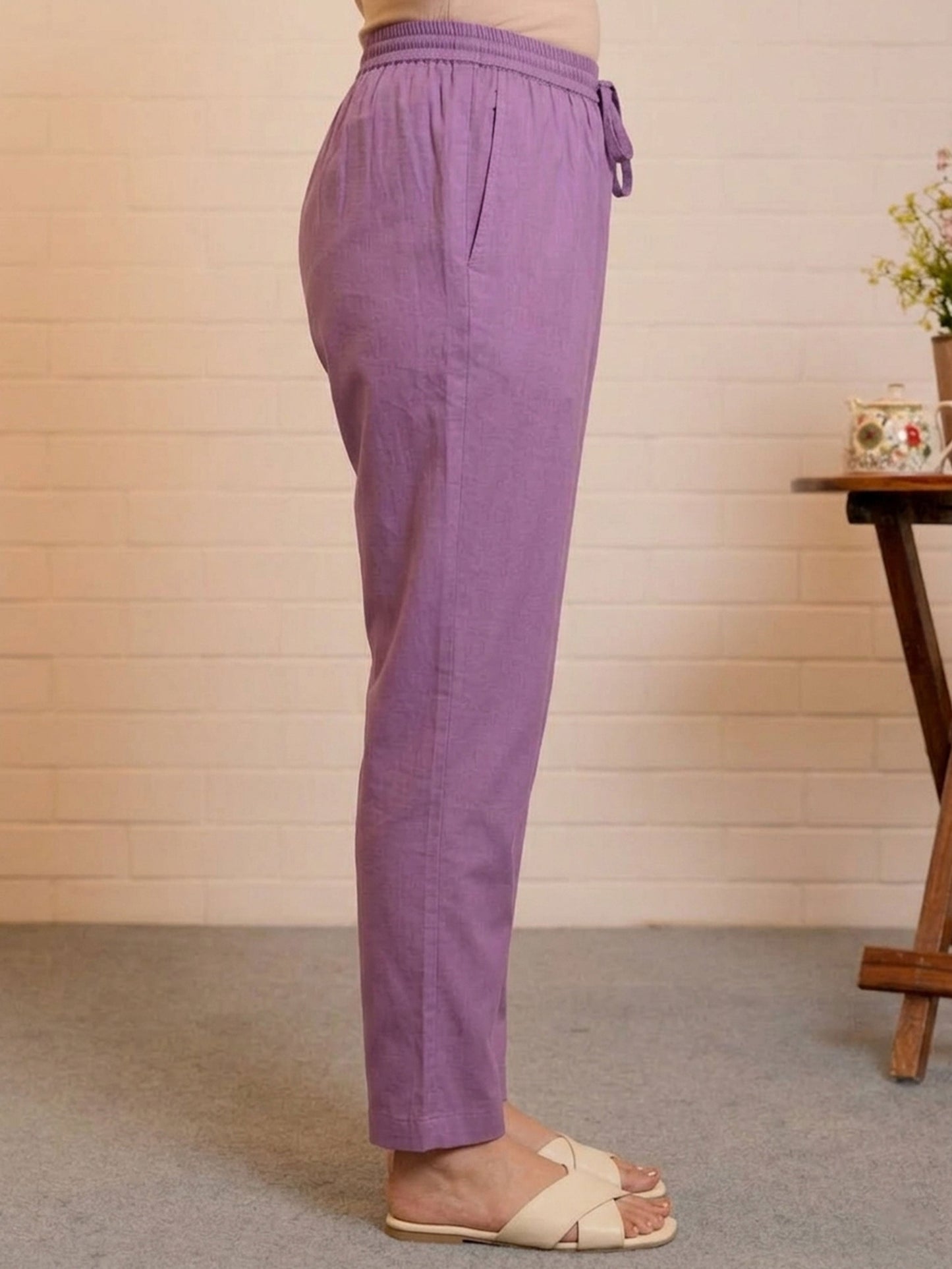 Soft Cotton Solid Purple Straight Trousers