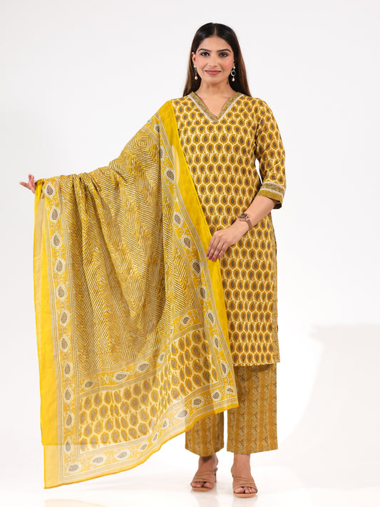 Soft Cotton Block Straight Yellow Kurta