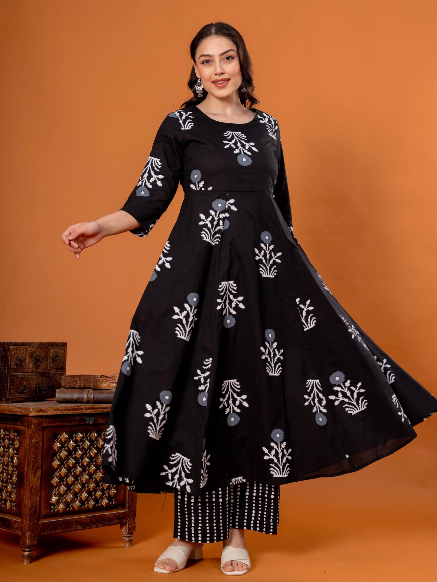 Soft Cotton Floral Anarkali Black Kurta