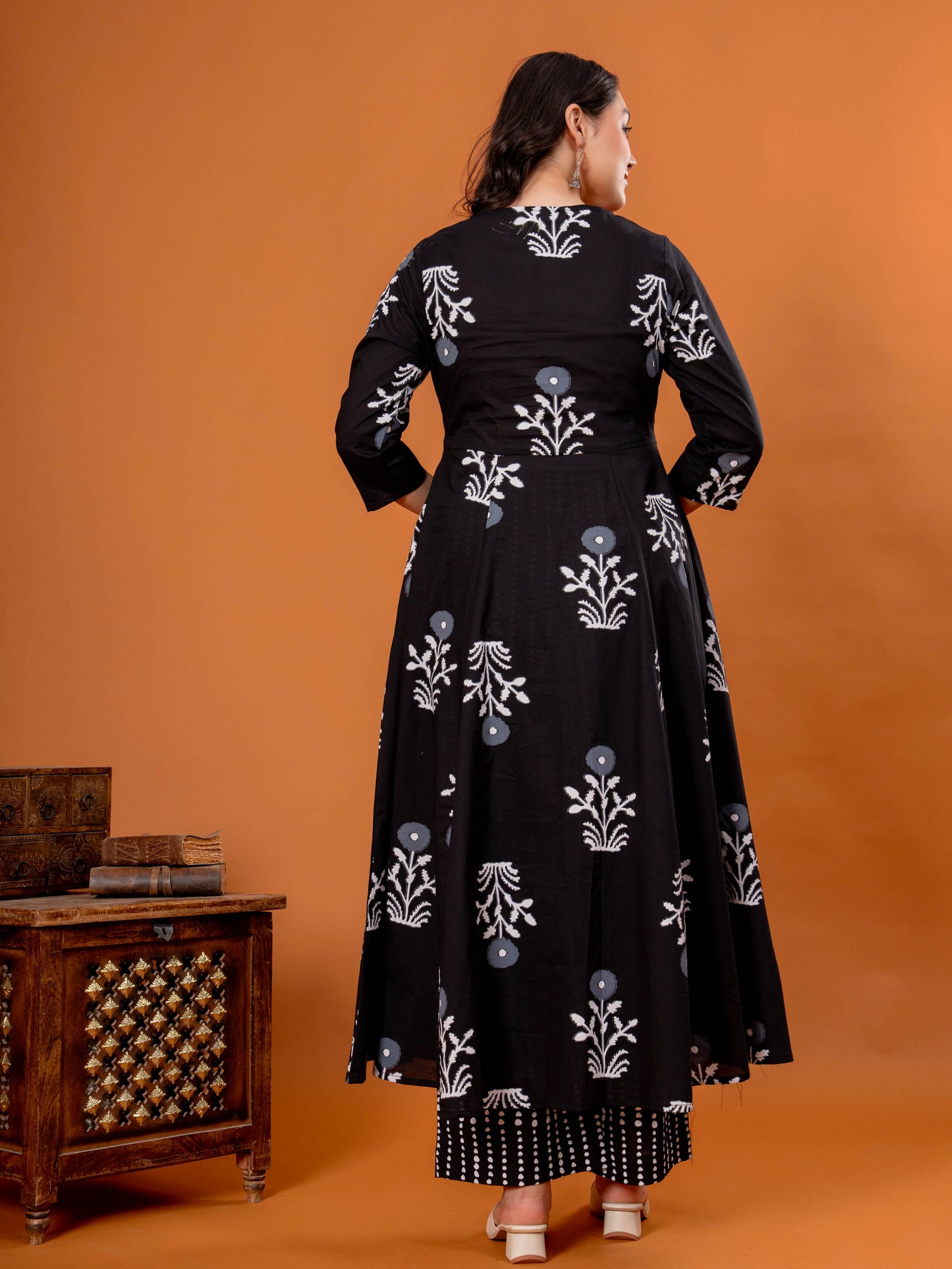 Soft Cotton Floral Anarkali Black Kurta
