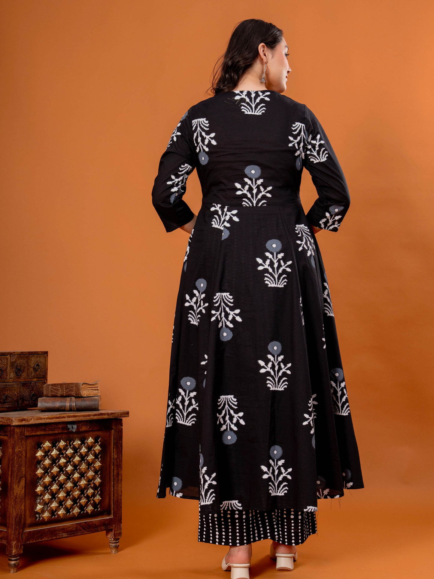 Soft Cotton Floral Anarkali Black Kurta