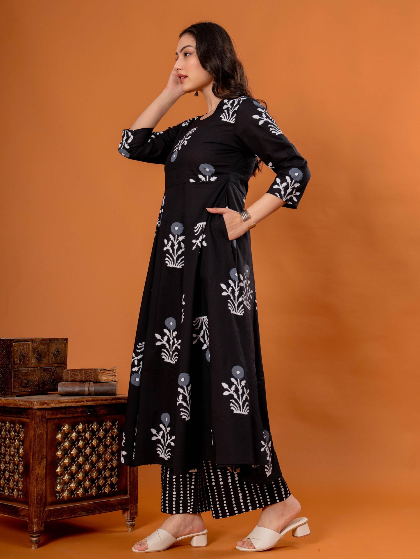 Soft Cotton Floral Anarkali Black Kurta