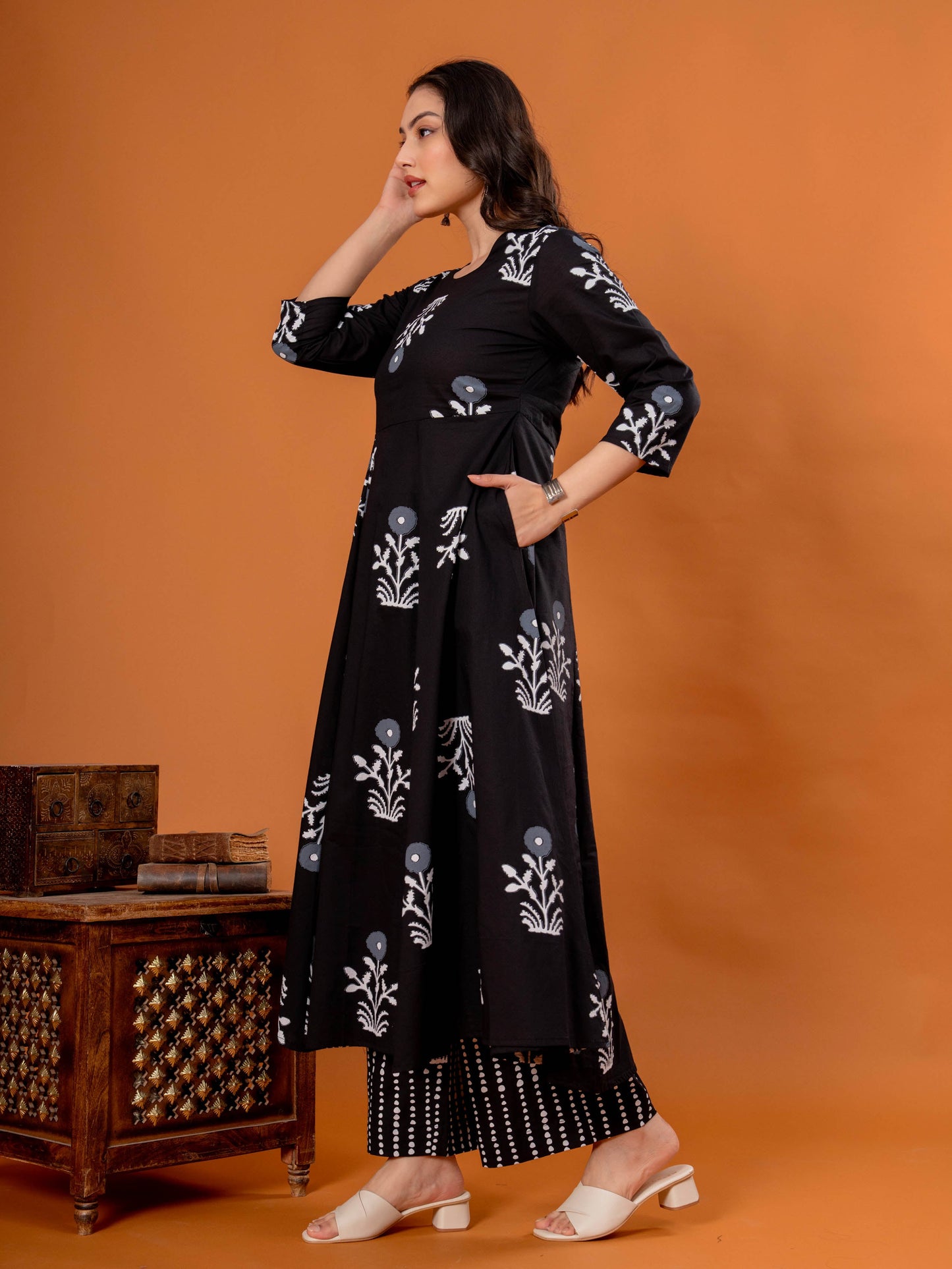 Soft Cotton Floral Anarkali Black Kurta