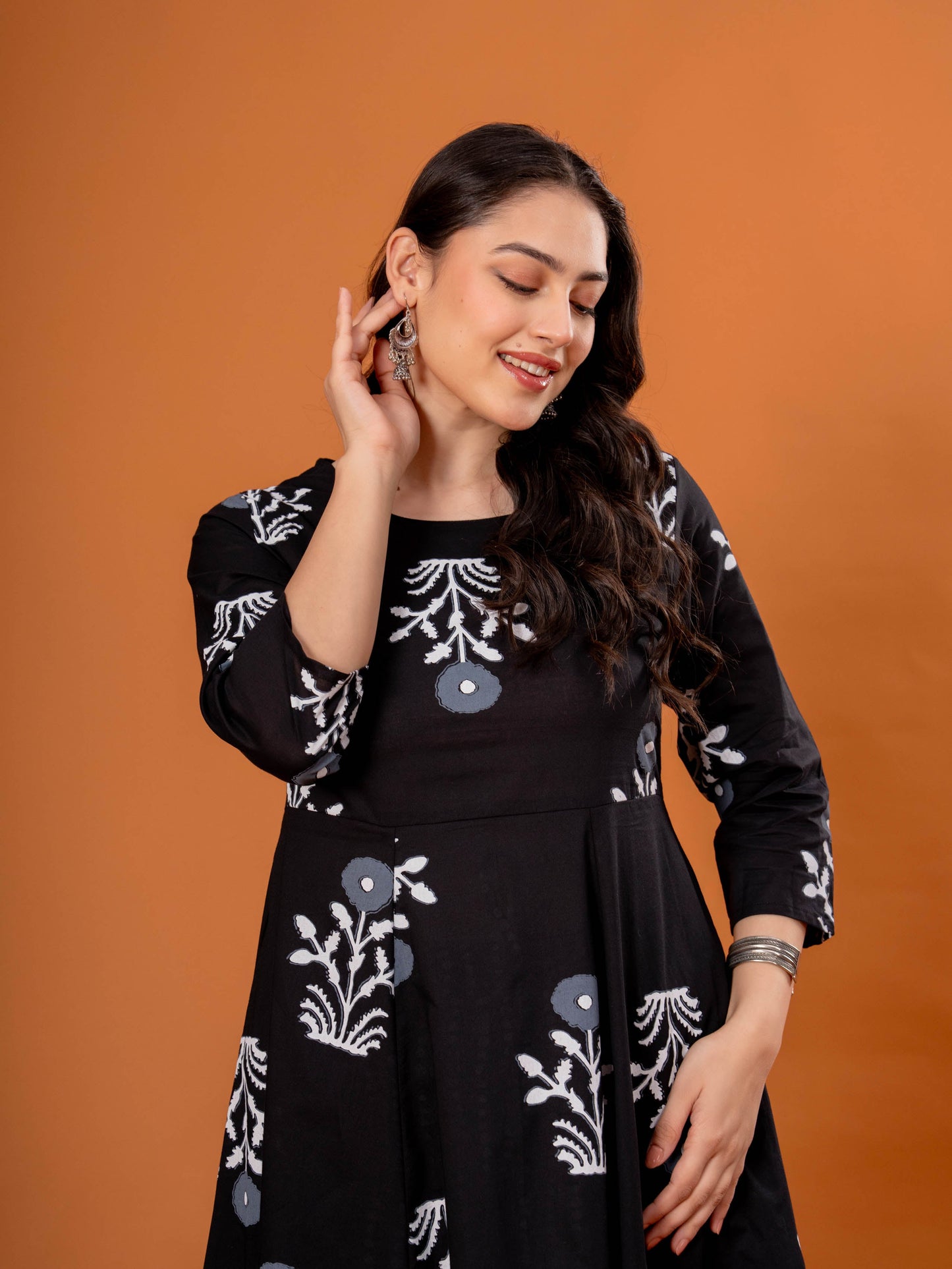 Soft Cotton Floral Anarkali Black Kurta