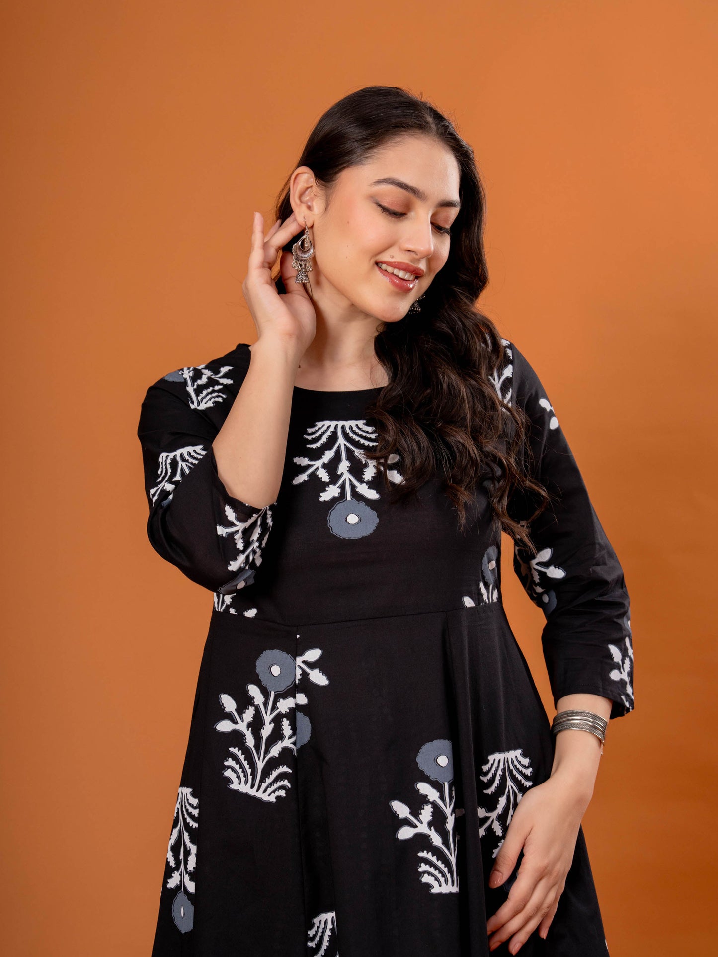 Soft Cotton Floral Anarkali Black Kurta