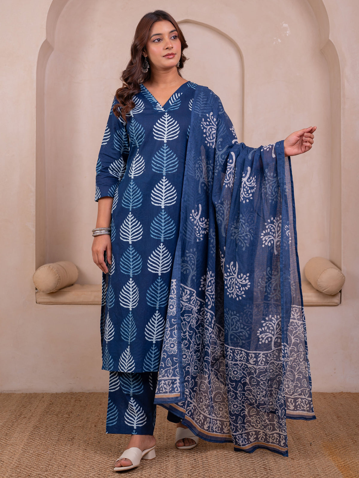Soft Cotton Floral Straight Blue Kurta