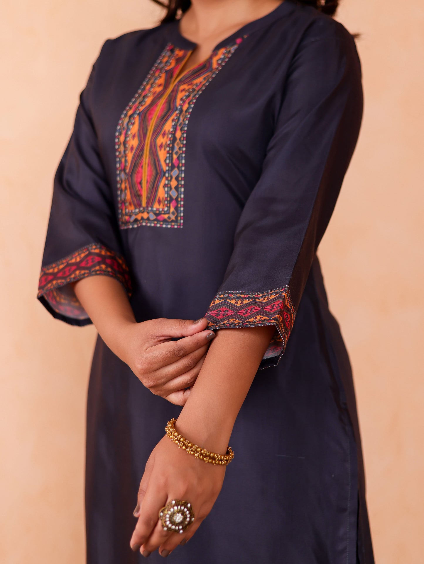 Chanderi Geometric Straight Black Kurta