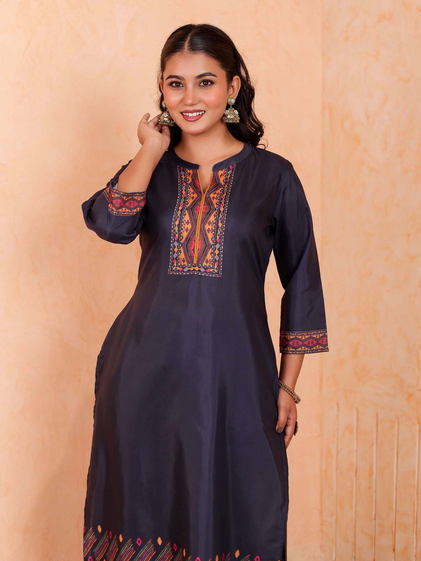 Chanderi Geometric Straight Black Kurta