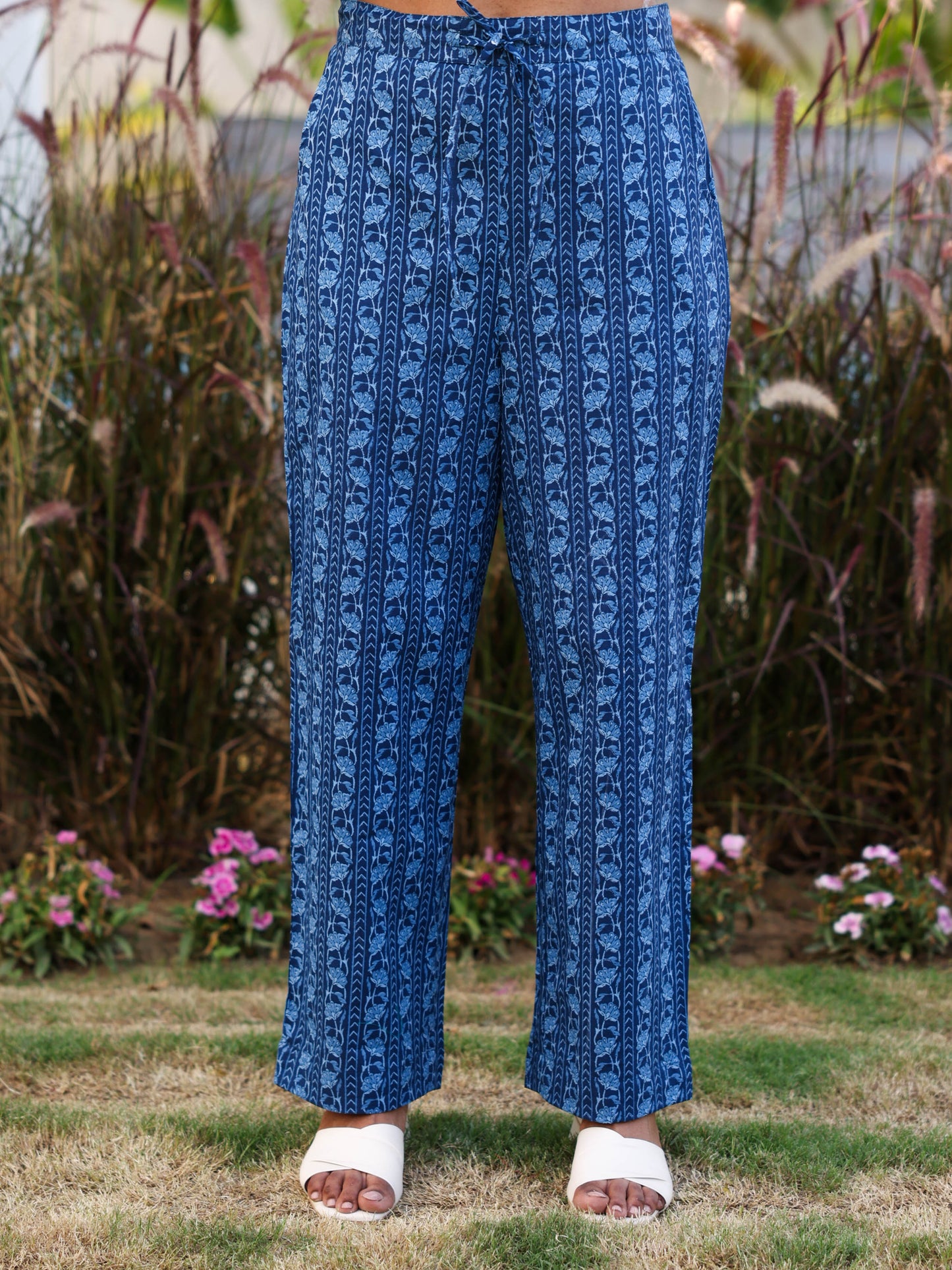 Soft cotton Floral Blue Straight Trousers