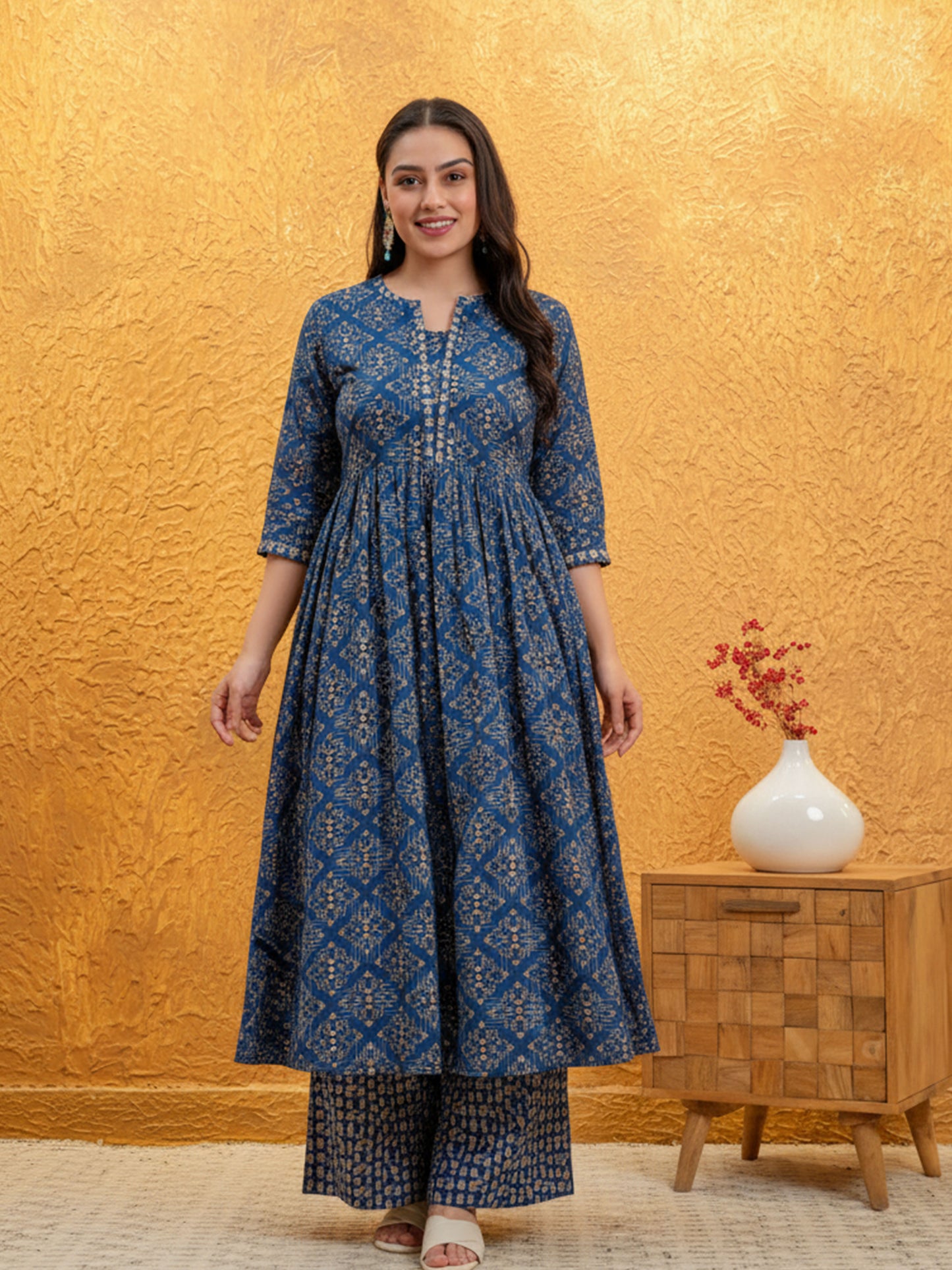 Embroidered Soft Cotton Geometric Anarkali Indigo blue Kurta