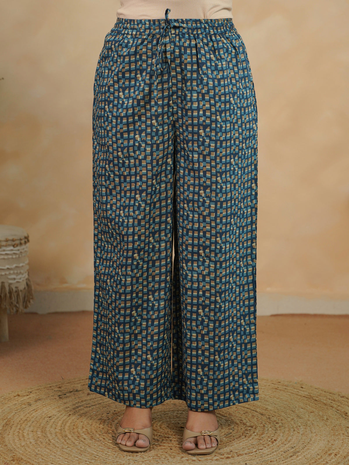 Soft Cotton Geometric Indigo blue Palazzo Trousers
