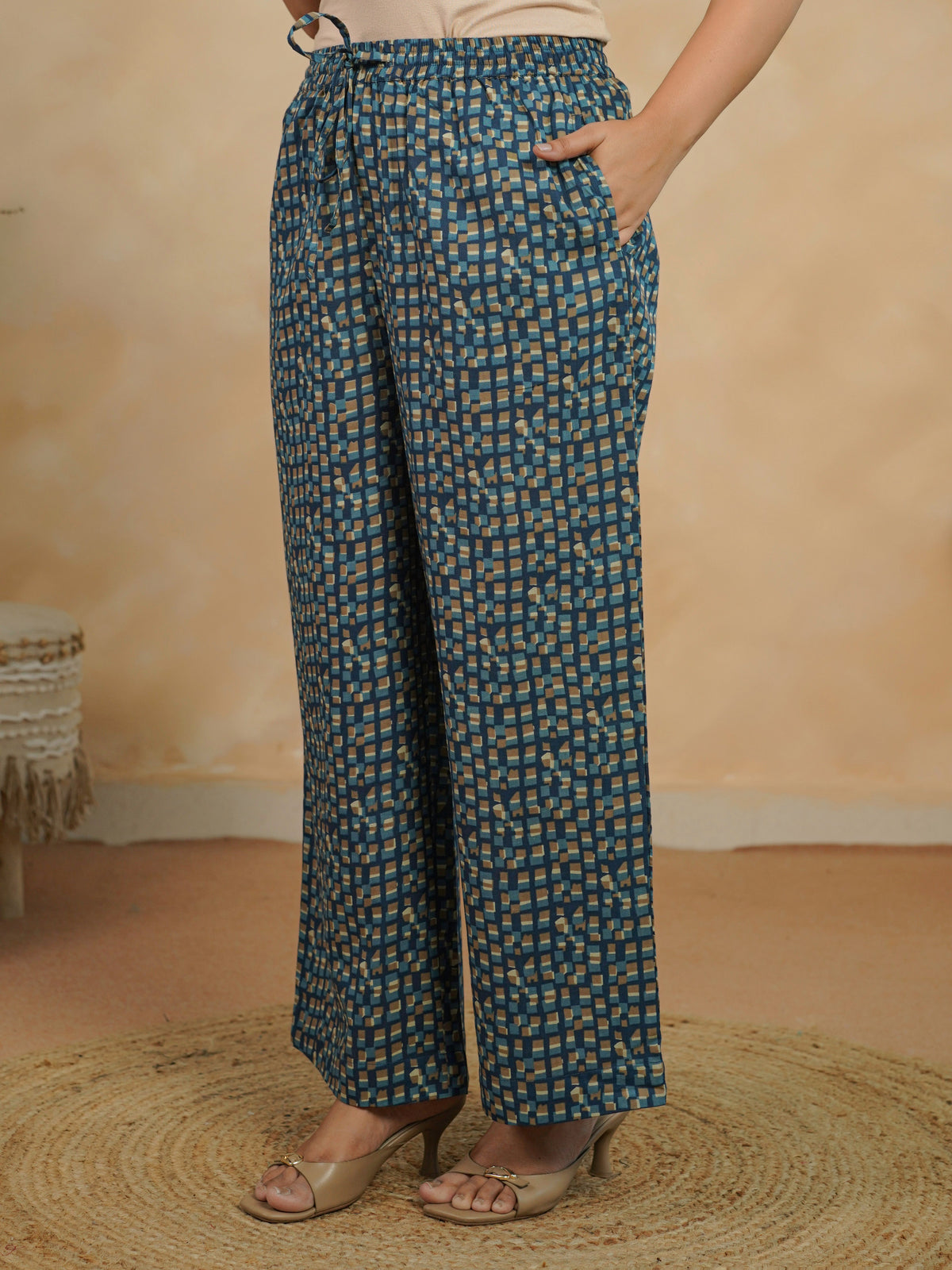 Soft Cotton Geometric Indigo blue Palazzo Trousers
