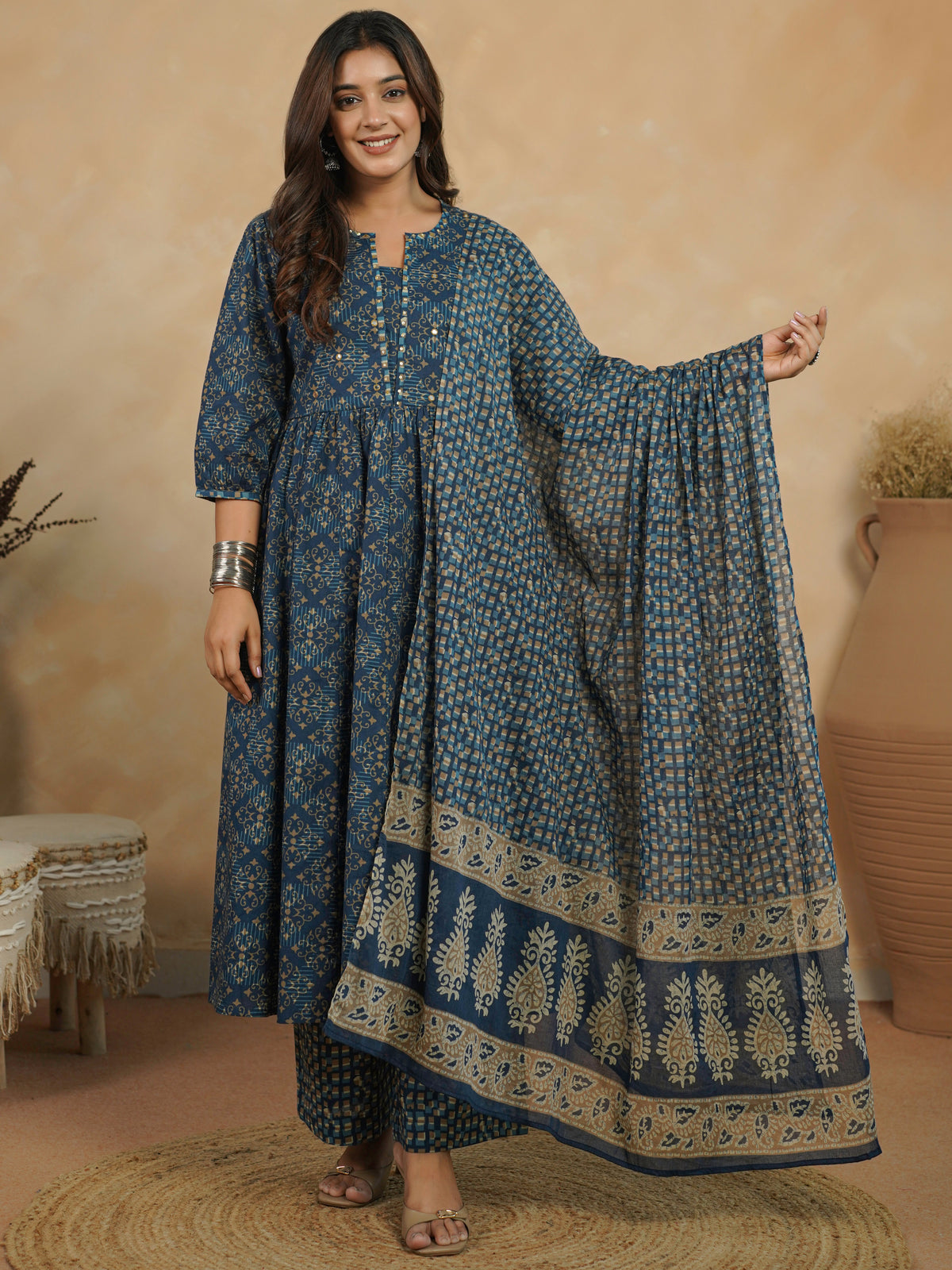 Cotton Voile Geometric Indigo blue Dupatta