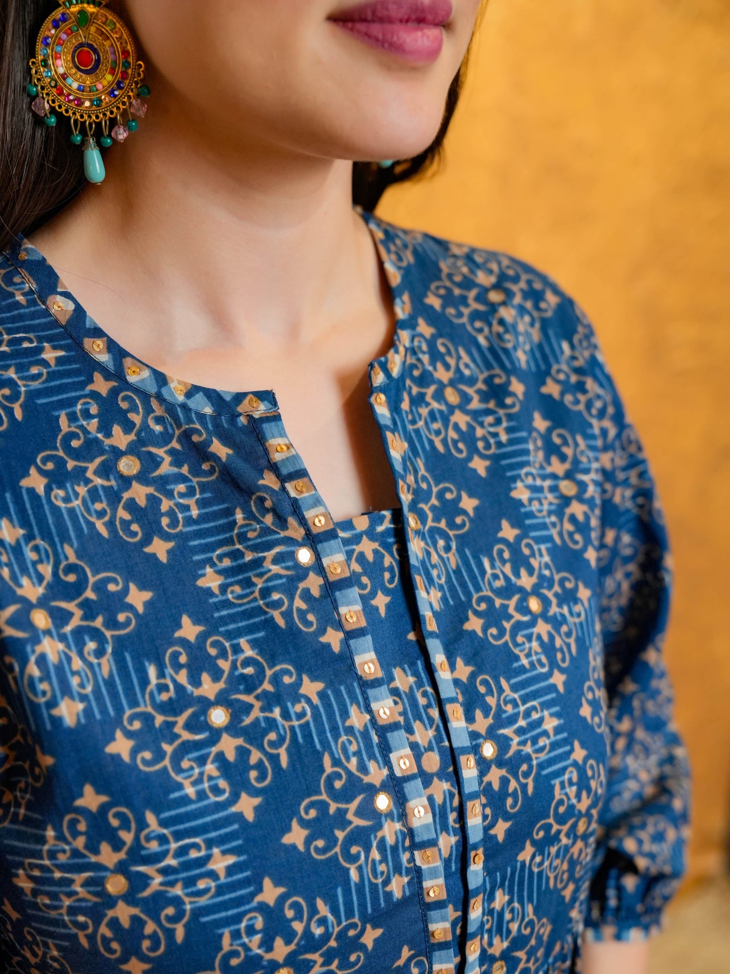 Embroidered Soft Cotton Geometric Anarkali Indigo blue Kurta