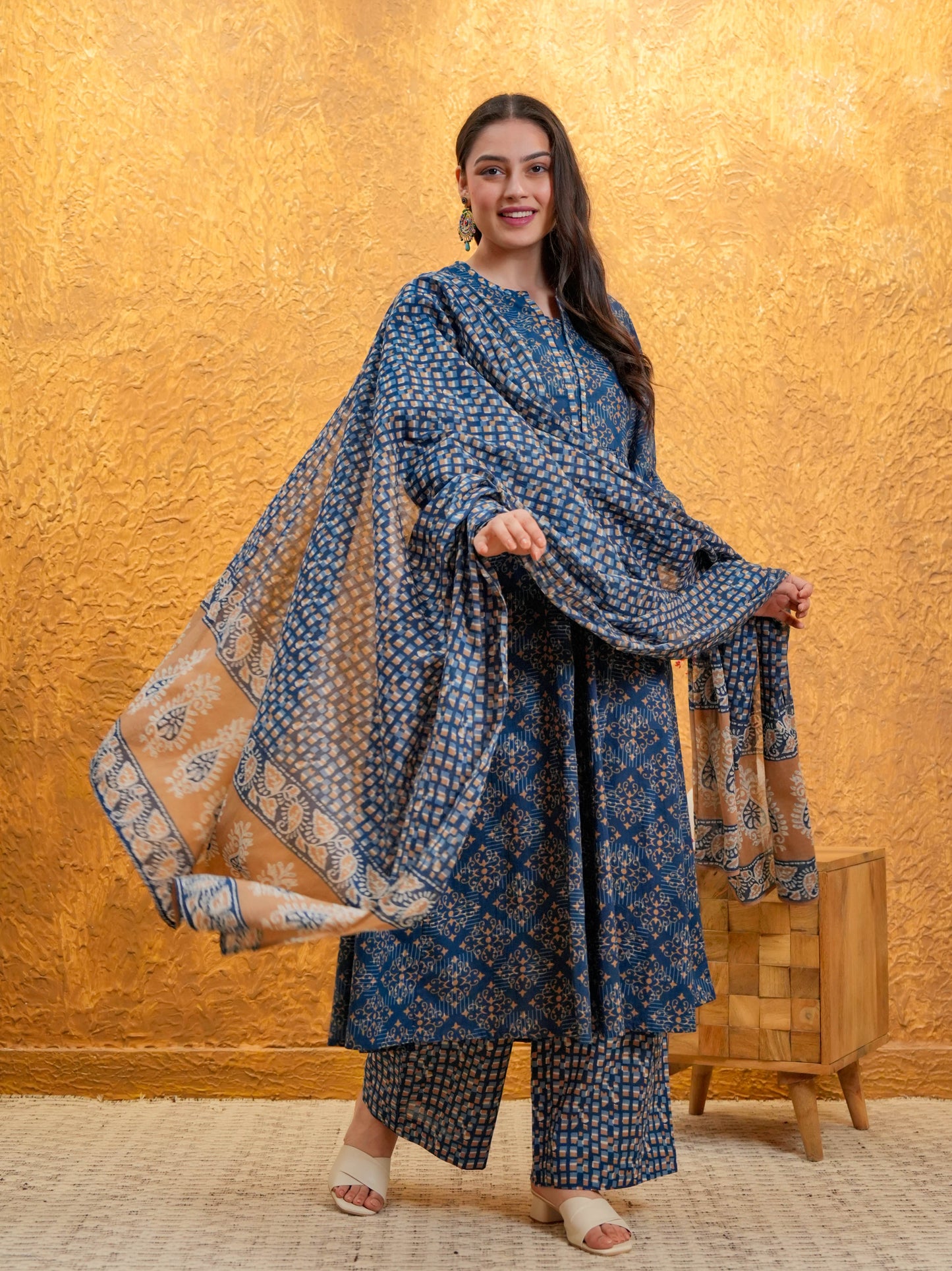 Embroidered Soft Cotton Geometric Anarkali Indigo blue Kurta