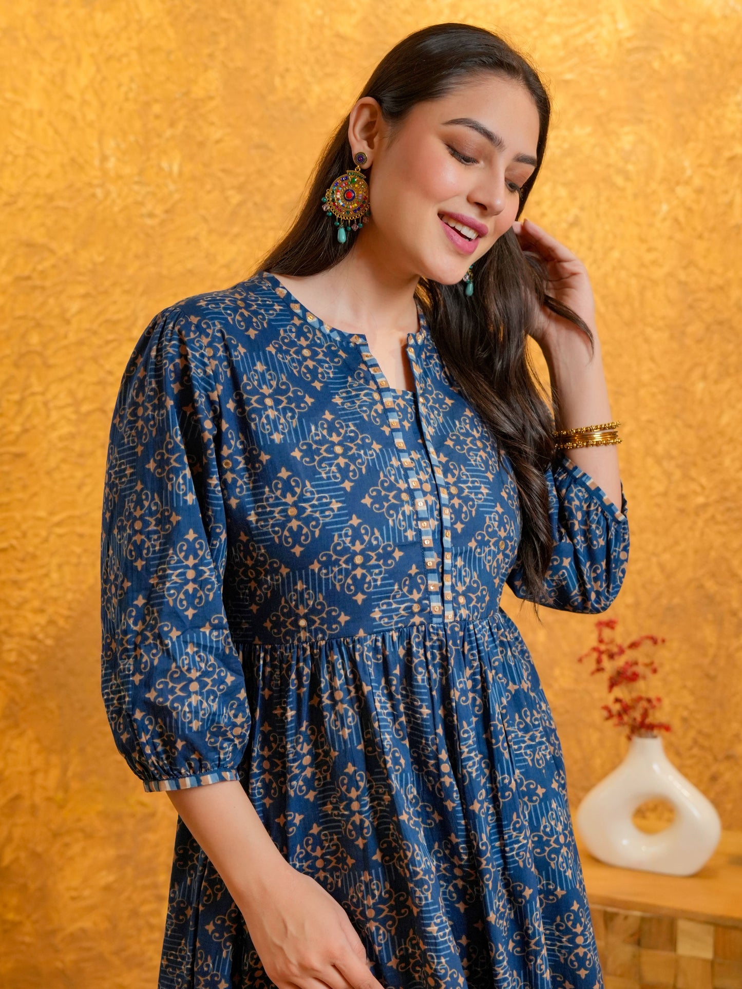 Embroidered Soft Cotton Geometric Anarkali Indigo blue Kurta