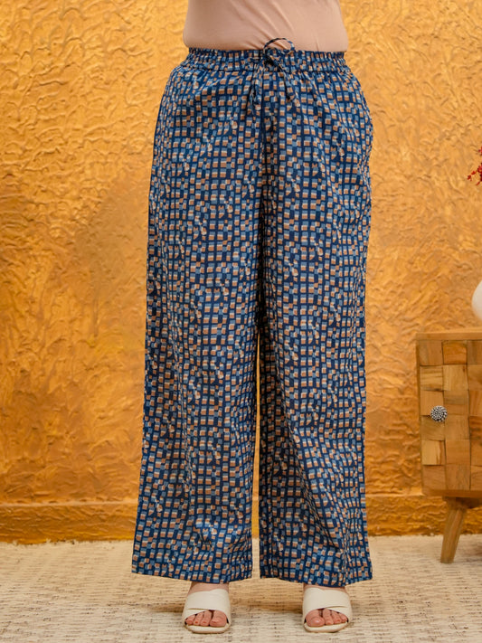 Soft Cotton Geometric Indigo blue Palazzo Trousers