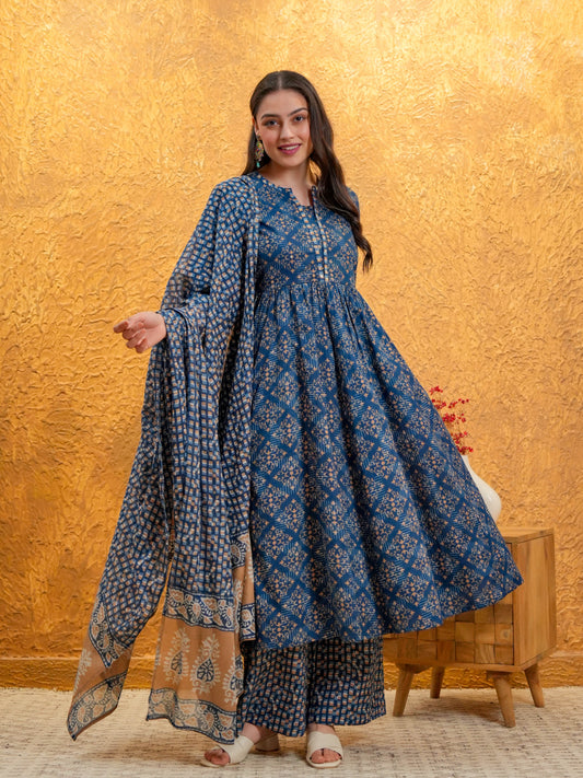 Cotton Voile Geometric Indigo blue Dupatta