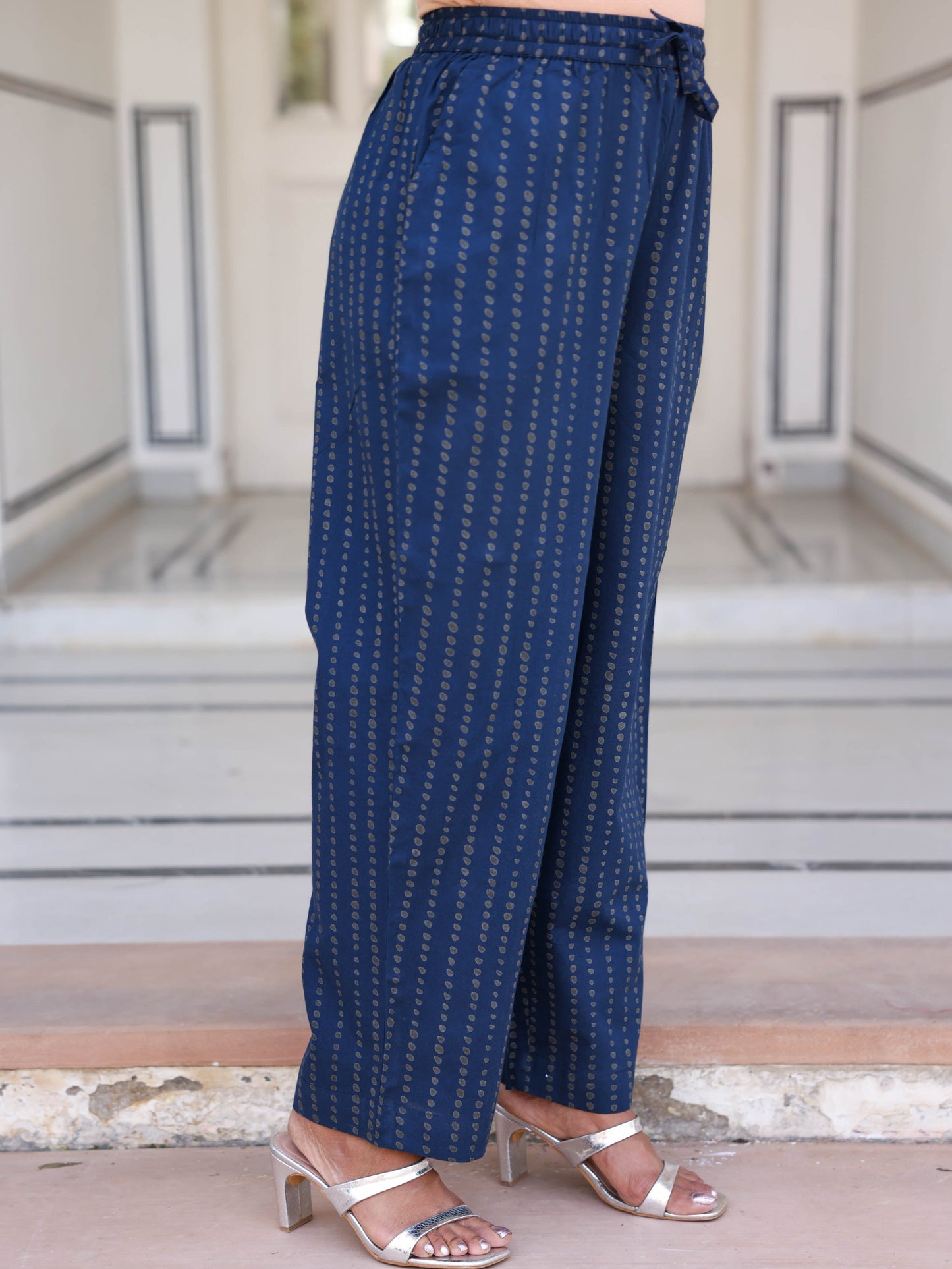 Soft cotton Abstract Navy Blue Straight Trousers