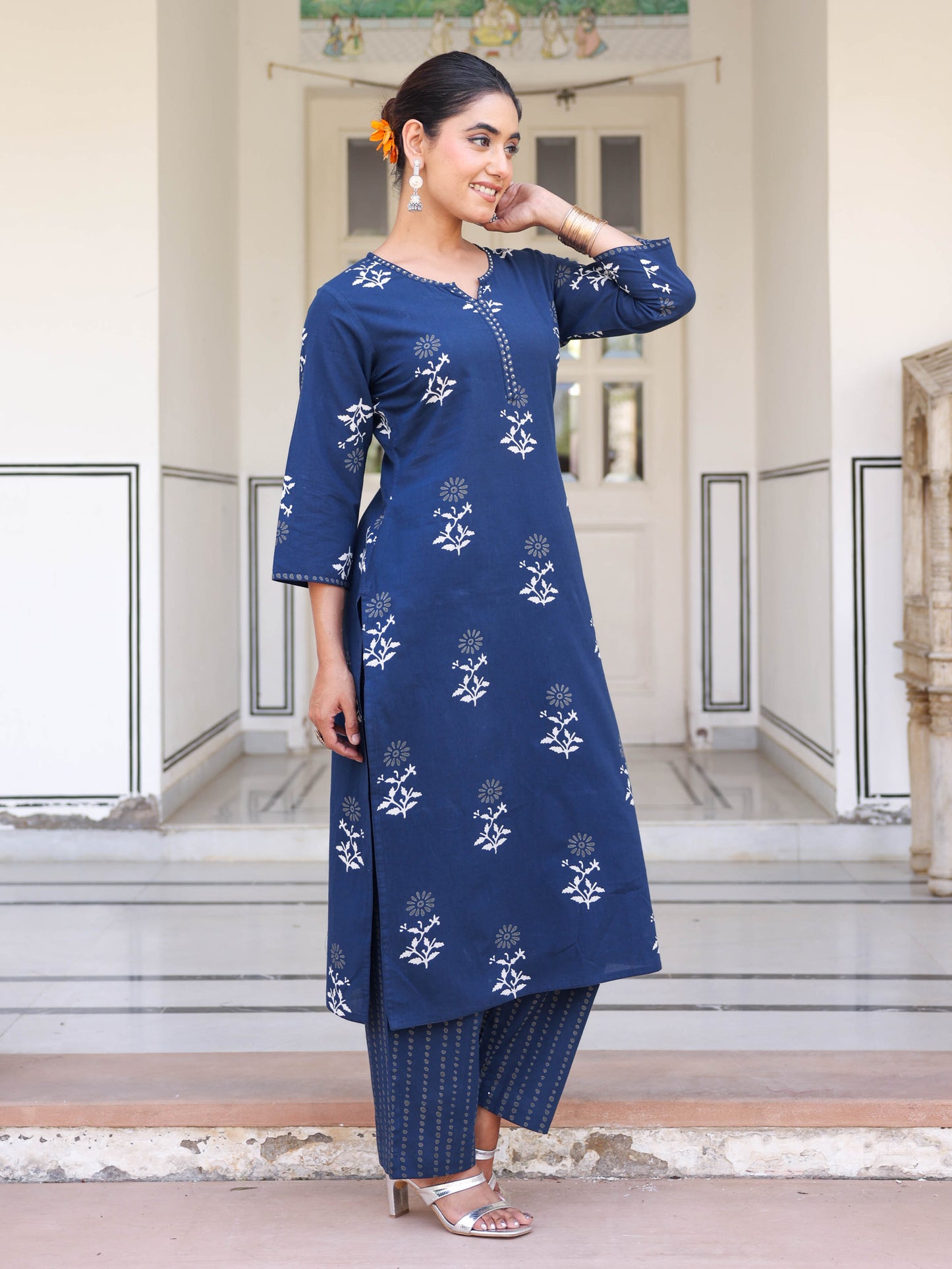 Embroidered Soft cotton Butta Straight Navy Blue Kurta