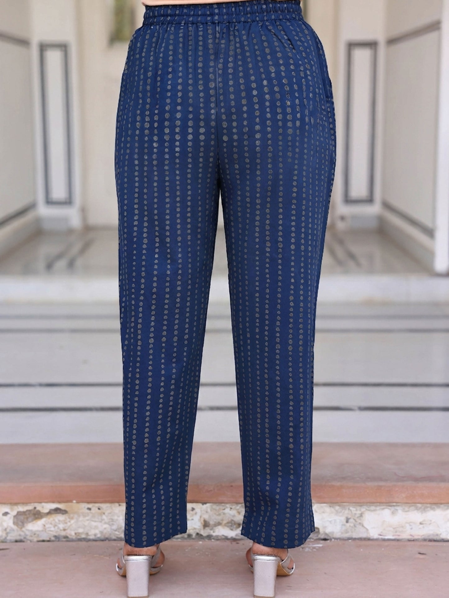 Soft cotton Abstract Navy Blue Straight Trousers