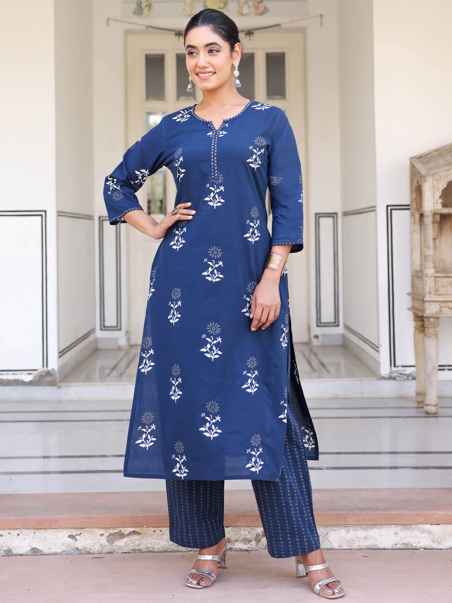 Embroidered Soft cotton Butta Straight Navy Blue Kurta