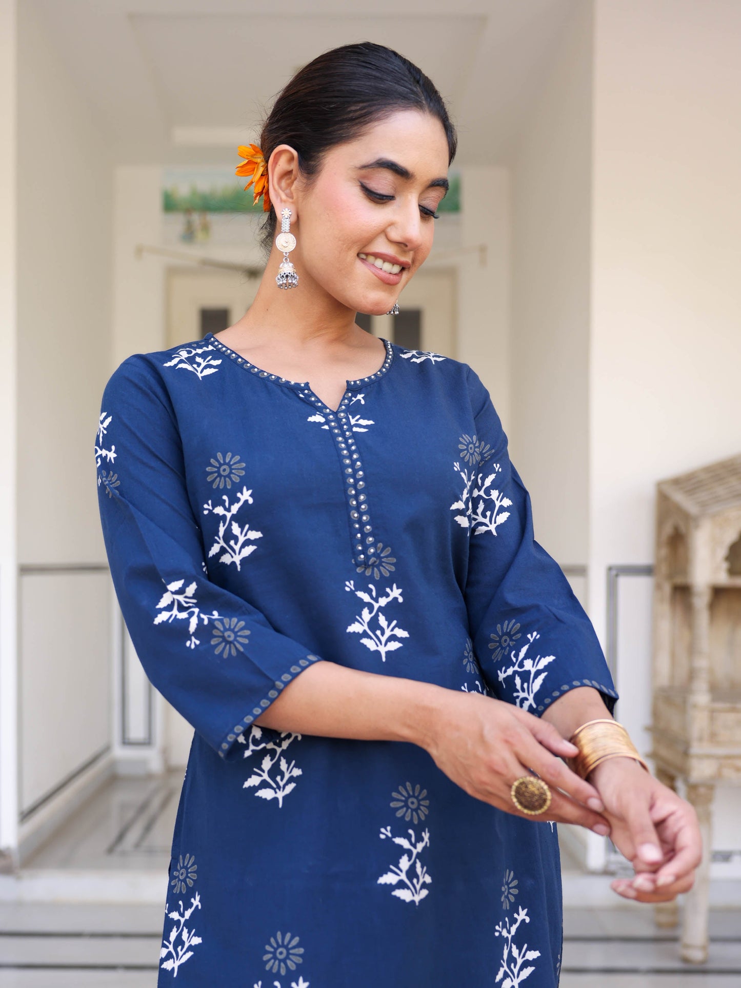 Embroidered Soft cotton Butta Straight Navy Blue Kurta