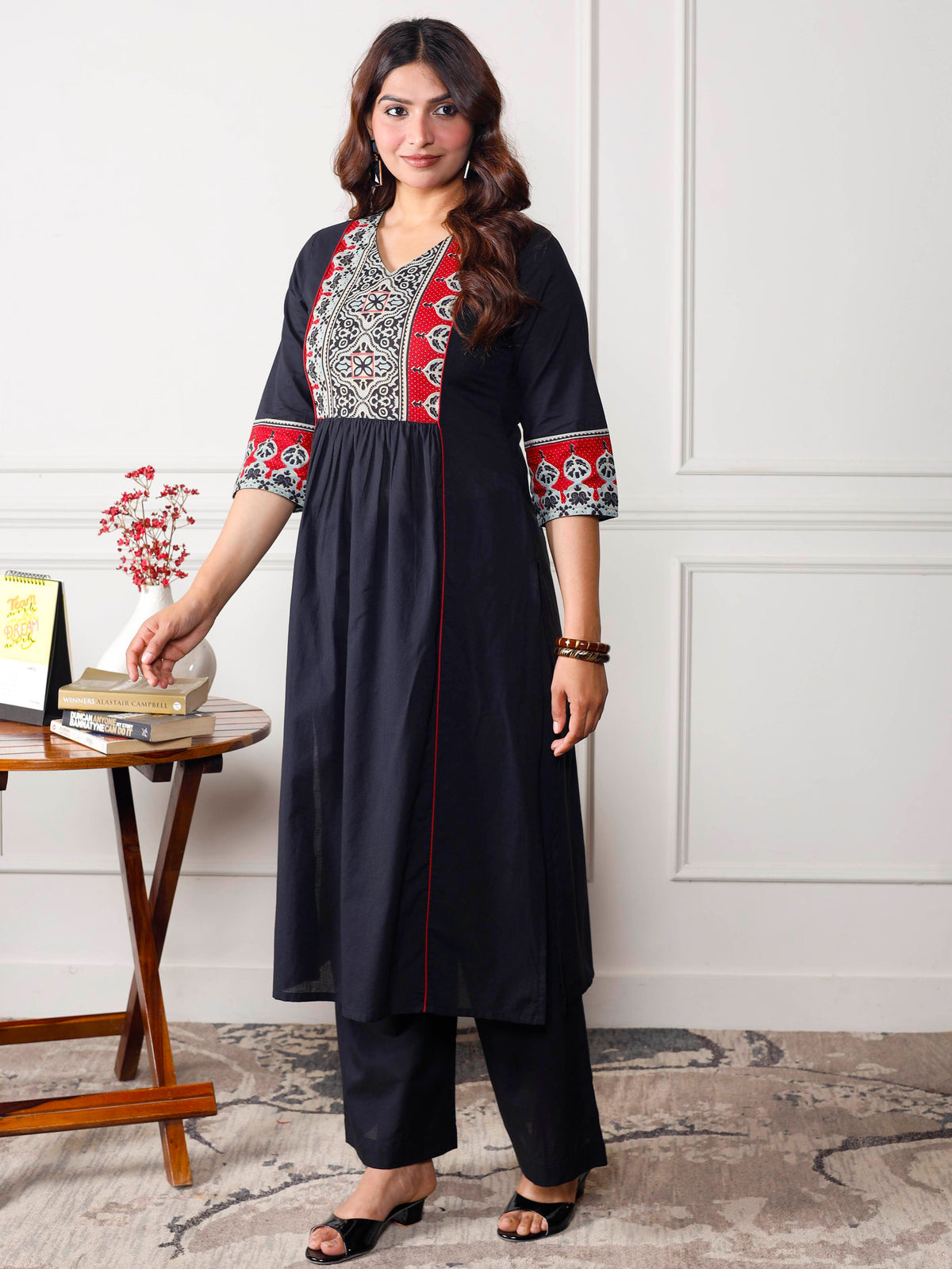 Soft Cotton Solid A-Line Black Kurta