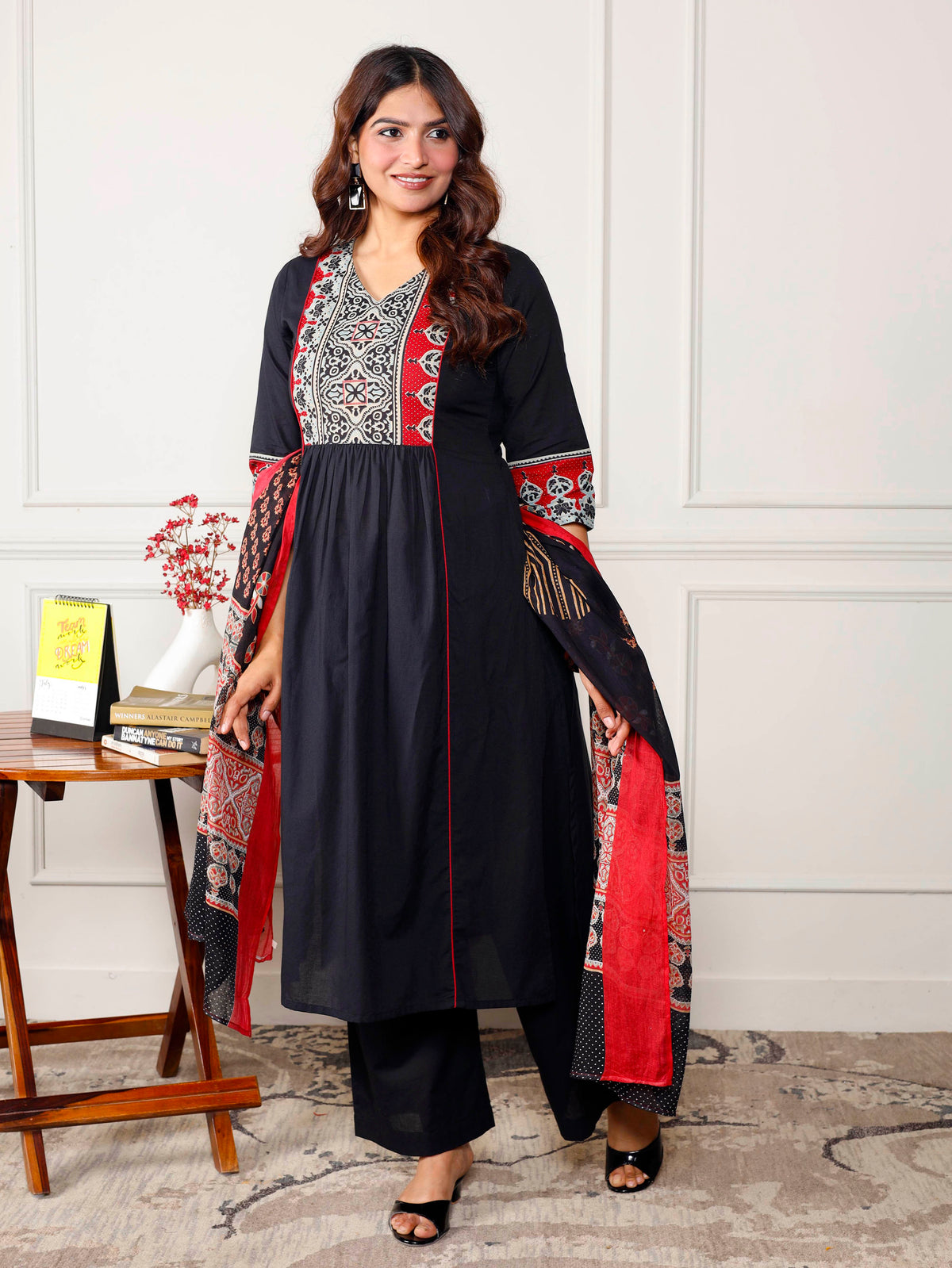 Soft Cotton Solid A-Line Black Kurta