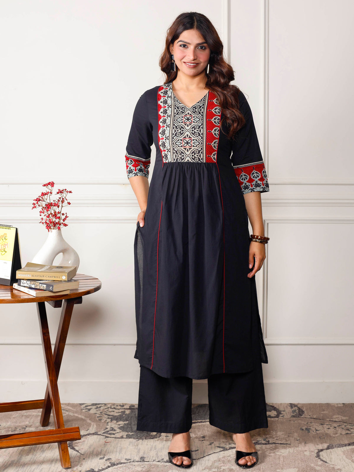 Soft Cotton Solid A-Line Black Kurta