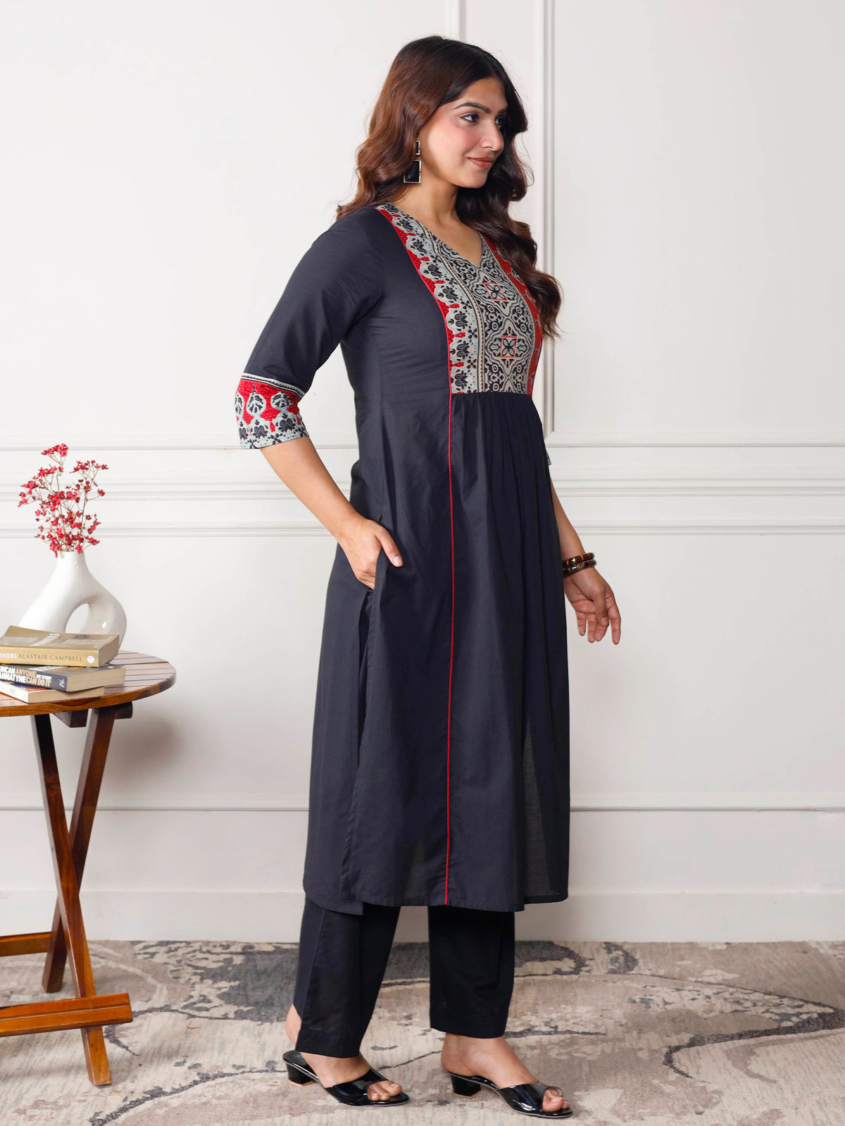 Soft Cotton Solid A-Line Black Kurta
