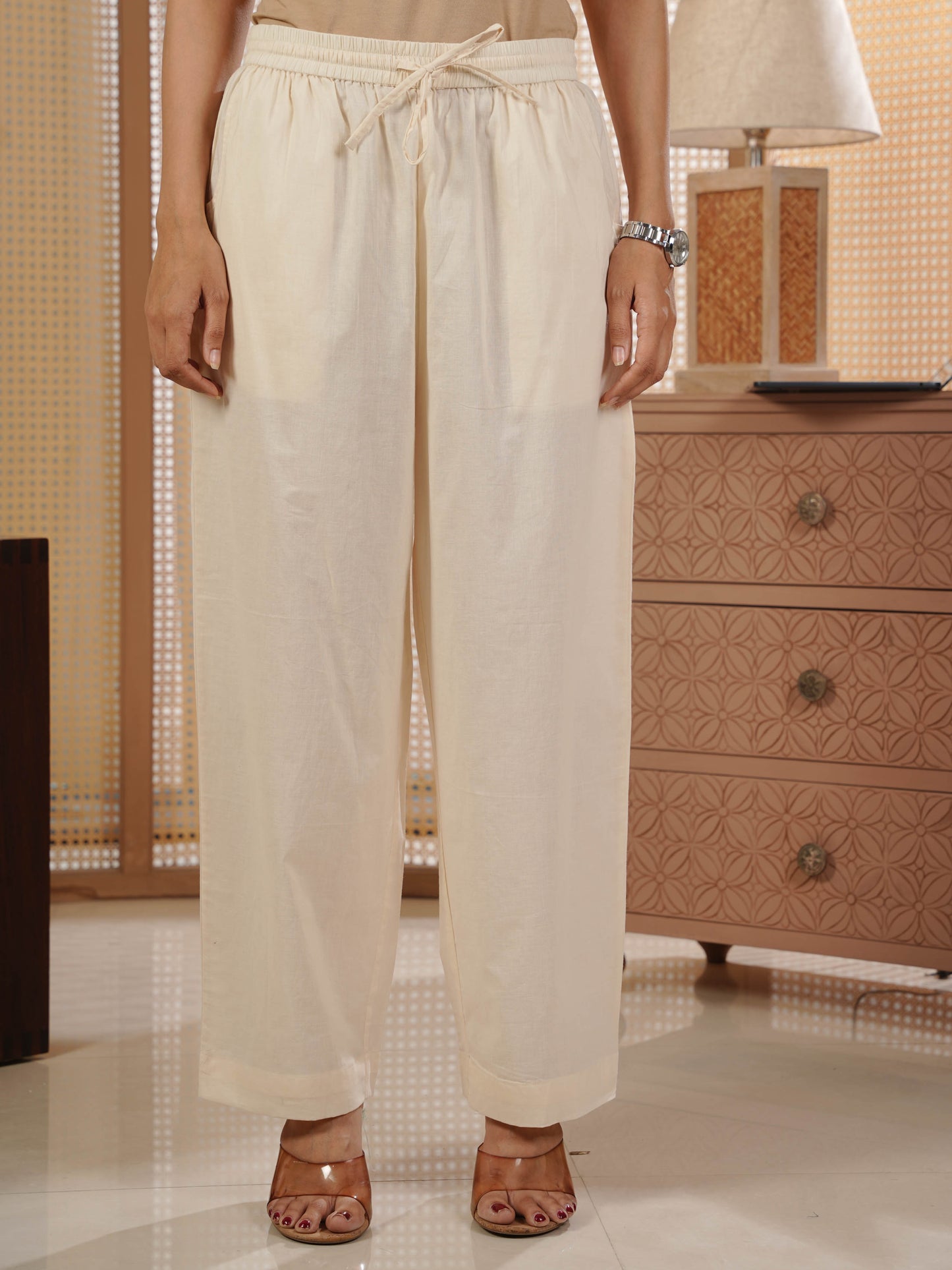 Soft Cotton Solid Off White Palazzo