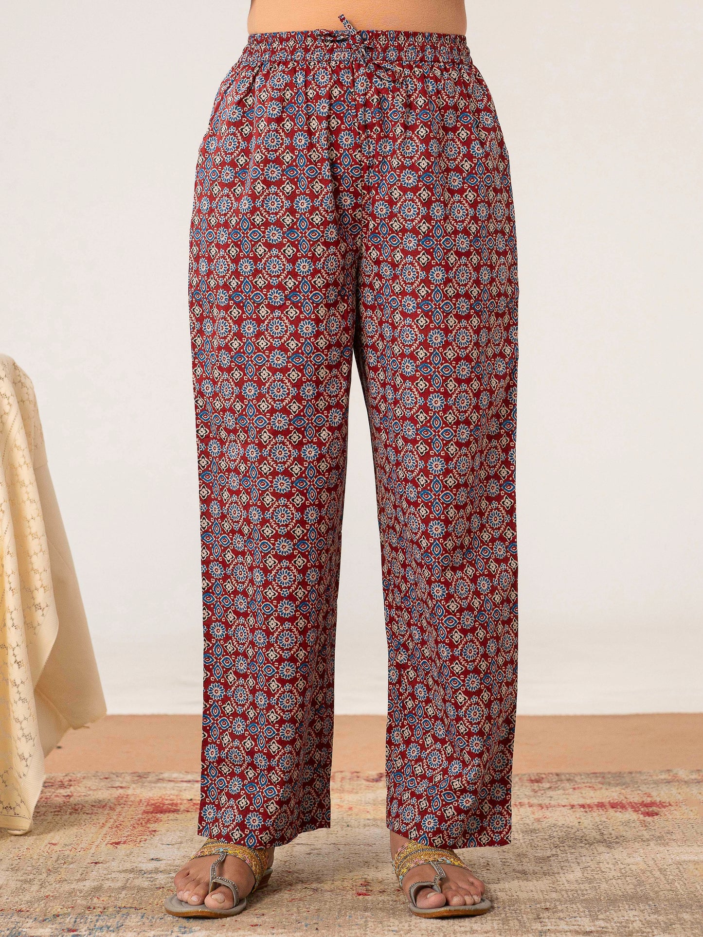 Soft cotton Ajrakh Maroon Straight Trousers
