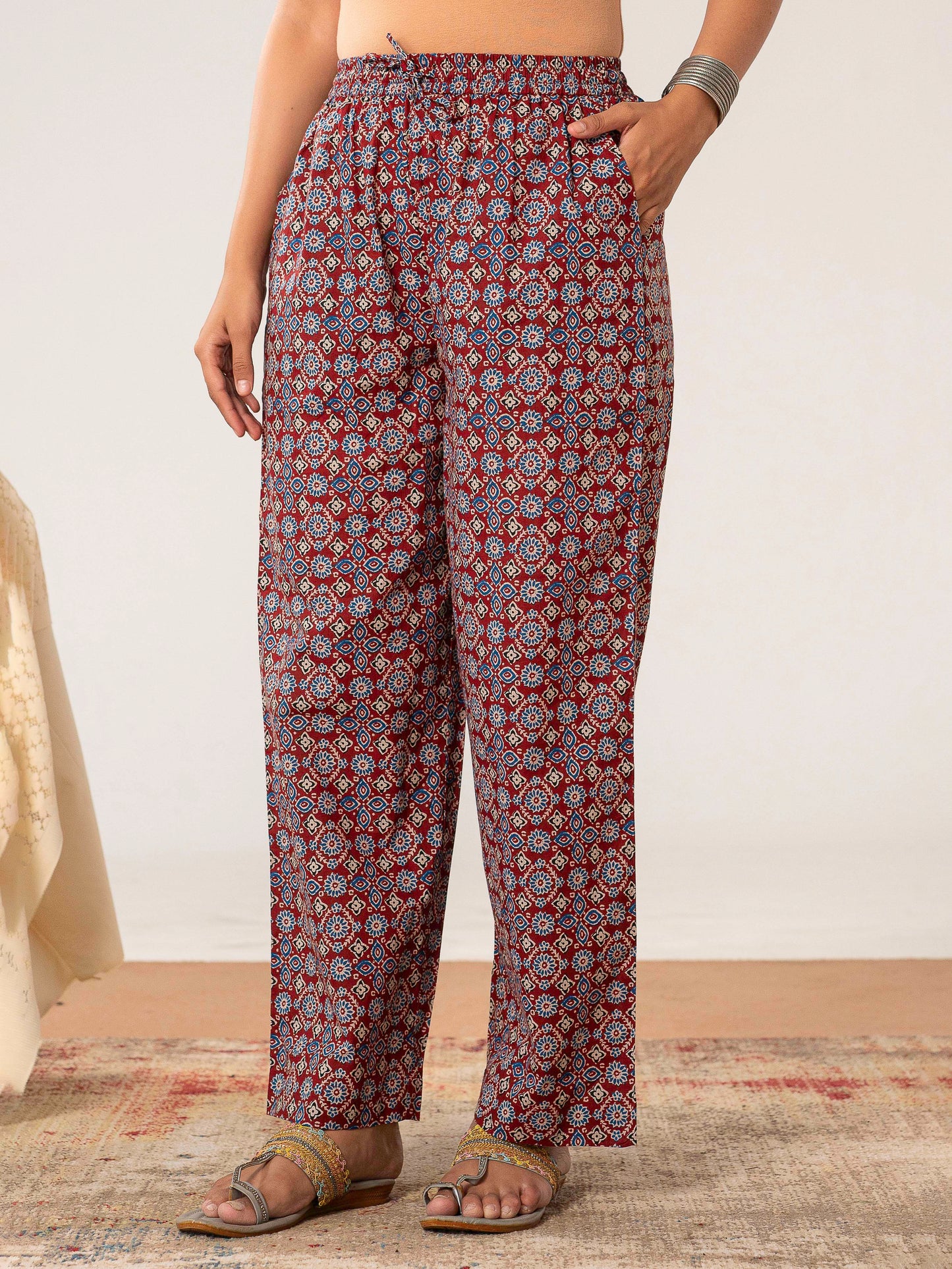 Soft cotton Ajrakh Maroon Straight Trousers