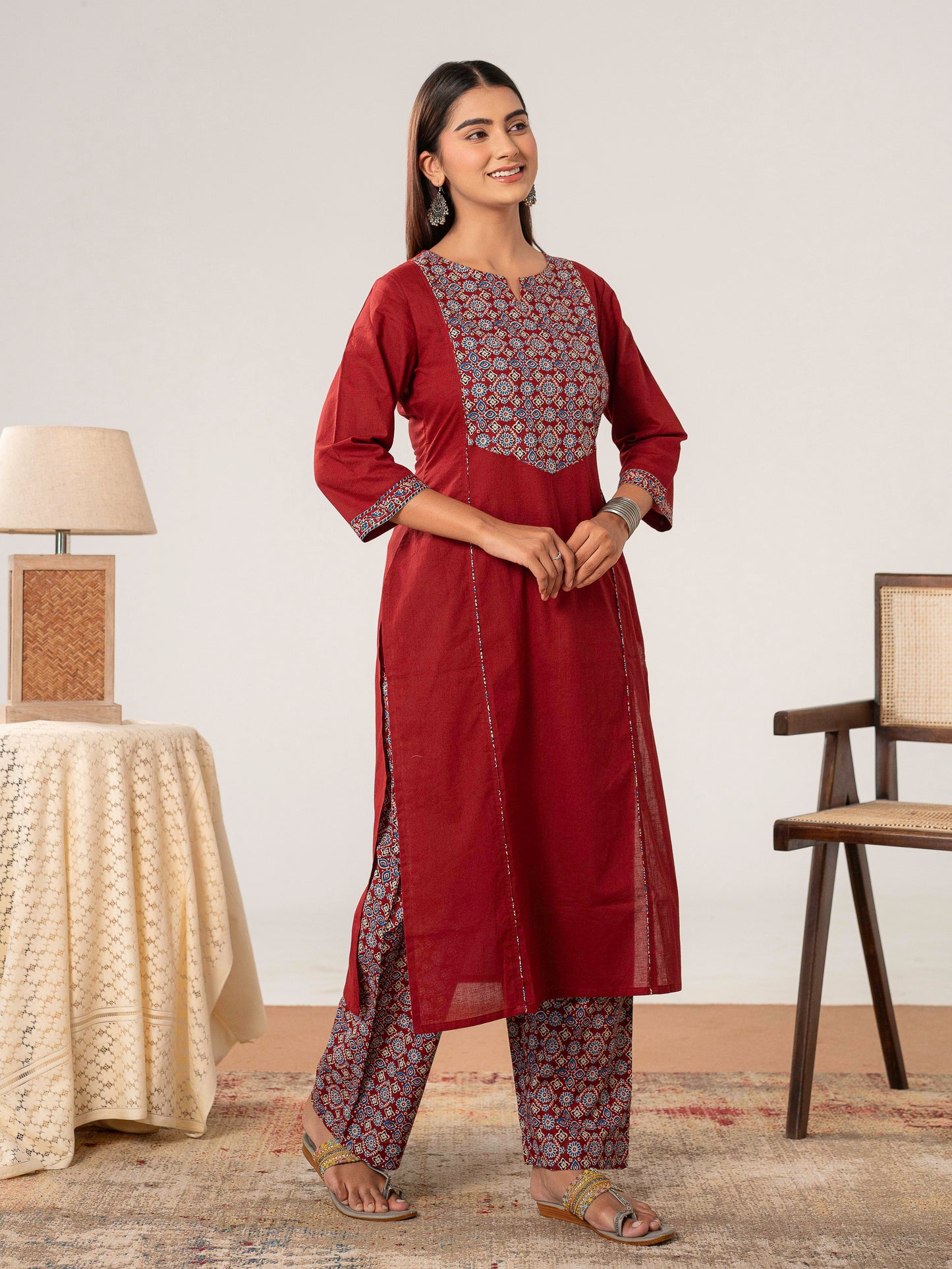 Soft cotton Solid Straight Maroon Kurta